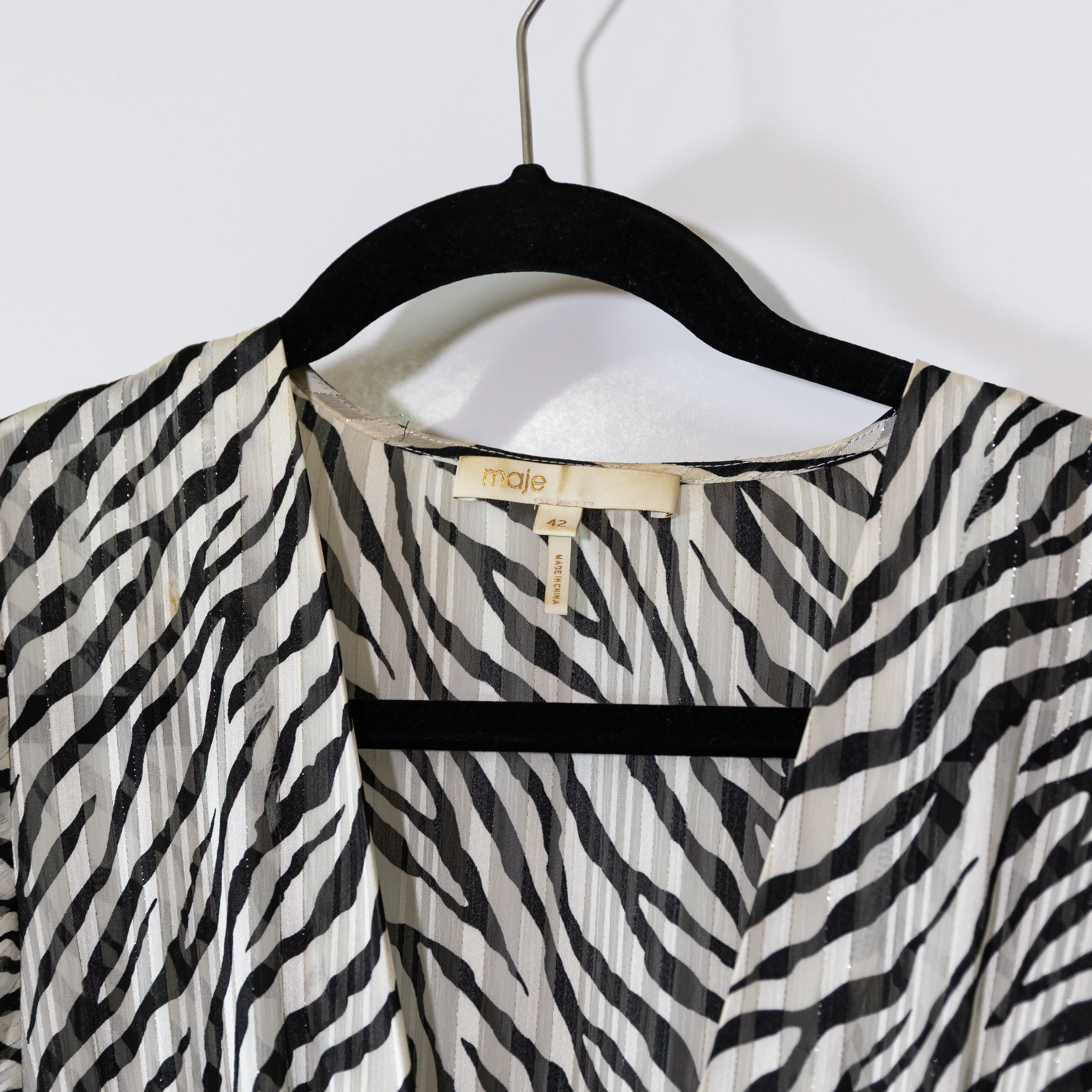 Maje Rachel Smocked Waist Flutter Half Sleeve Chiffon Zebra Print Midi Dress XL