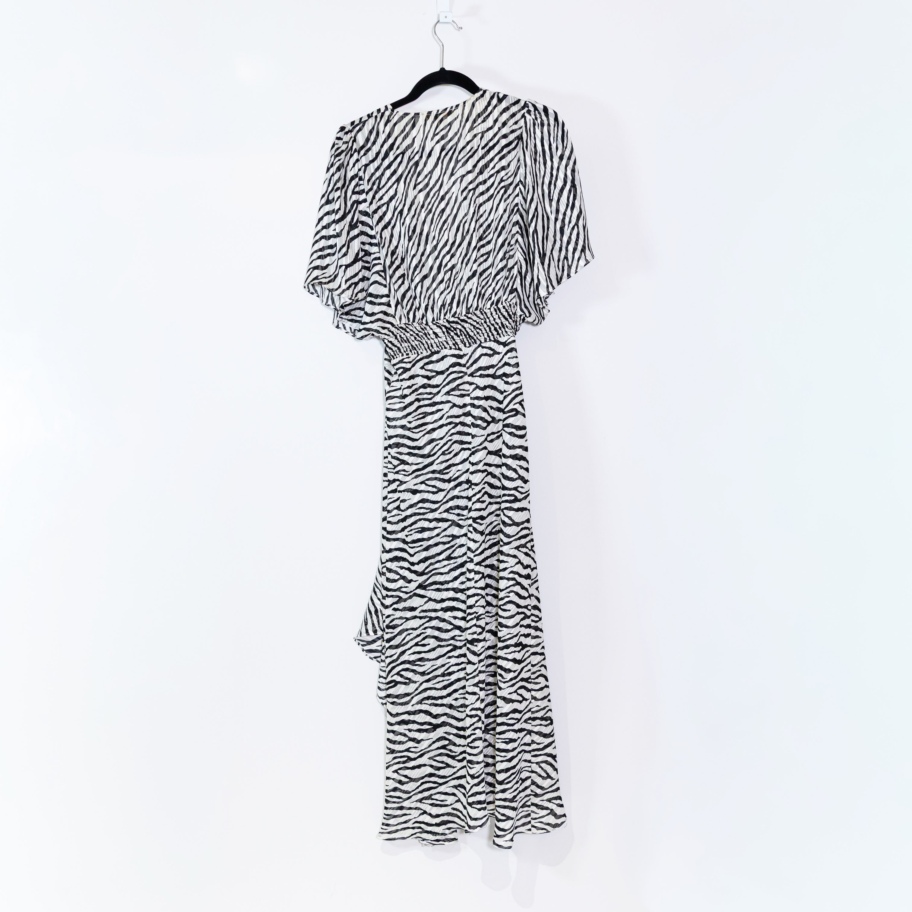 Maje Rachel Smocked Waist Flutter Half Sleeve Chiffon Zebra Print Midi Dress XL
