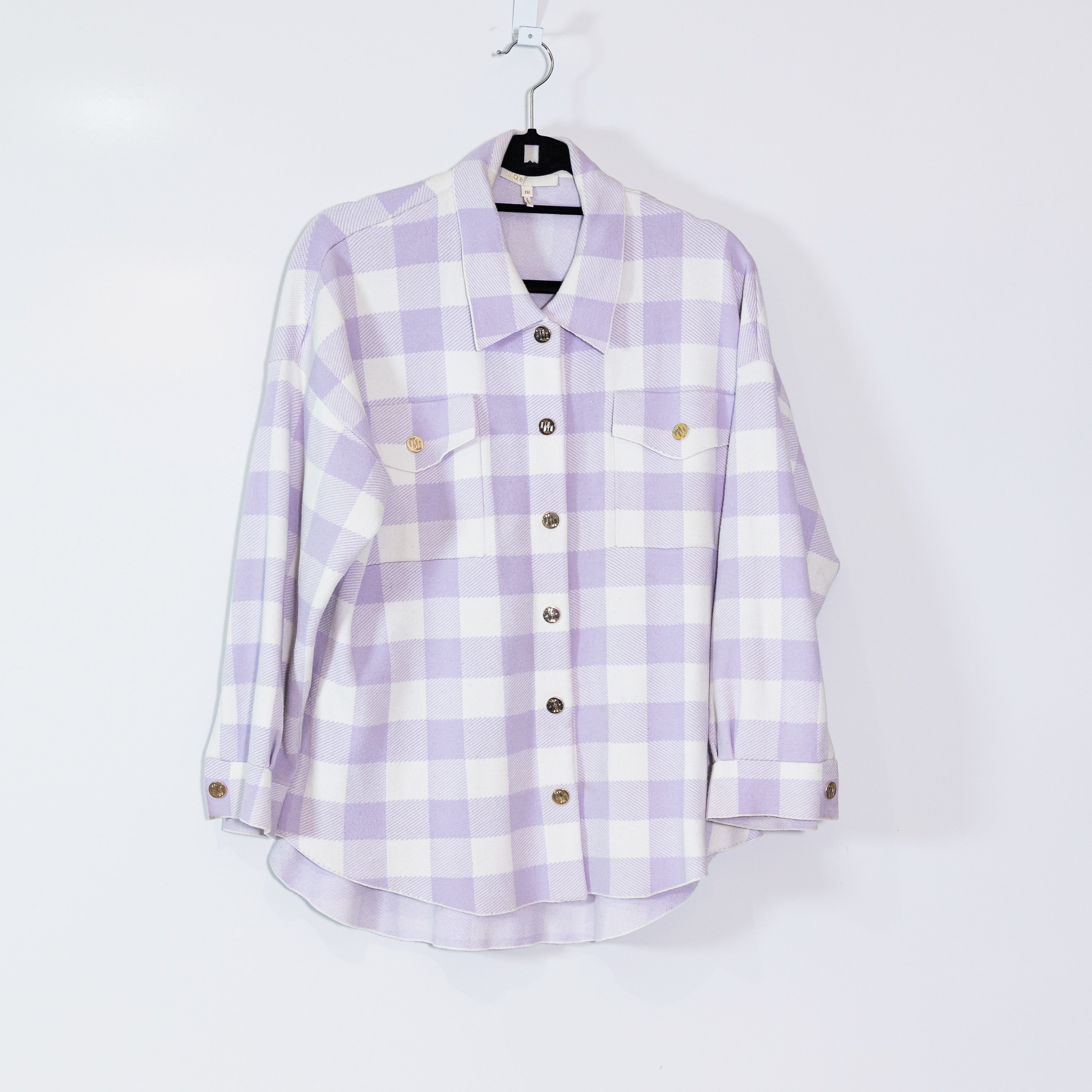 Maje Michael Long Sleeve Collared Snap Button Shirt Jacket Purple White Gingham