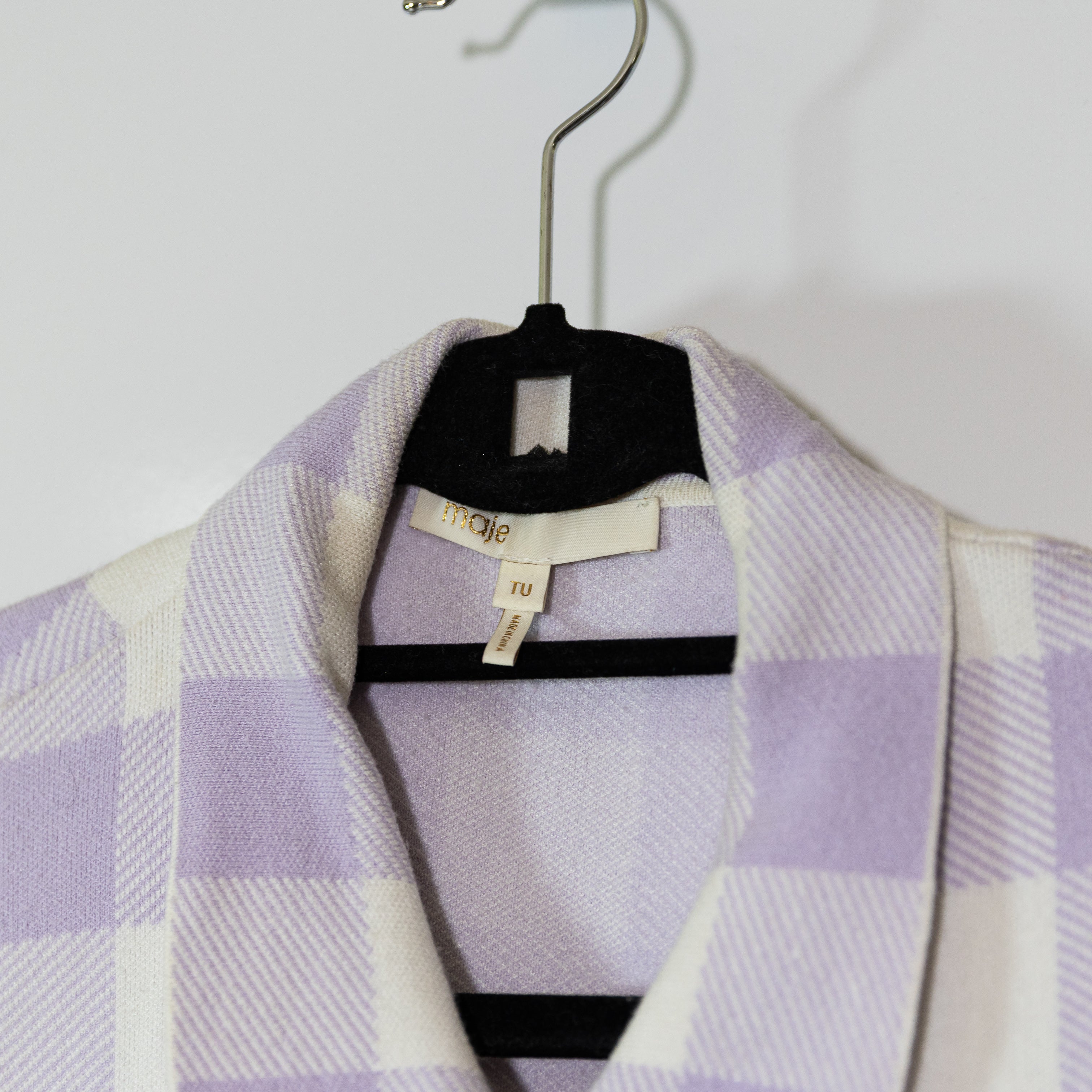 Maje Michael Long Sleeve Collared Snap Button Shirt Jacket Purple White Gingham