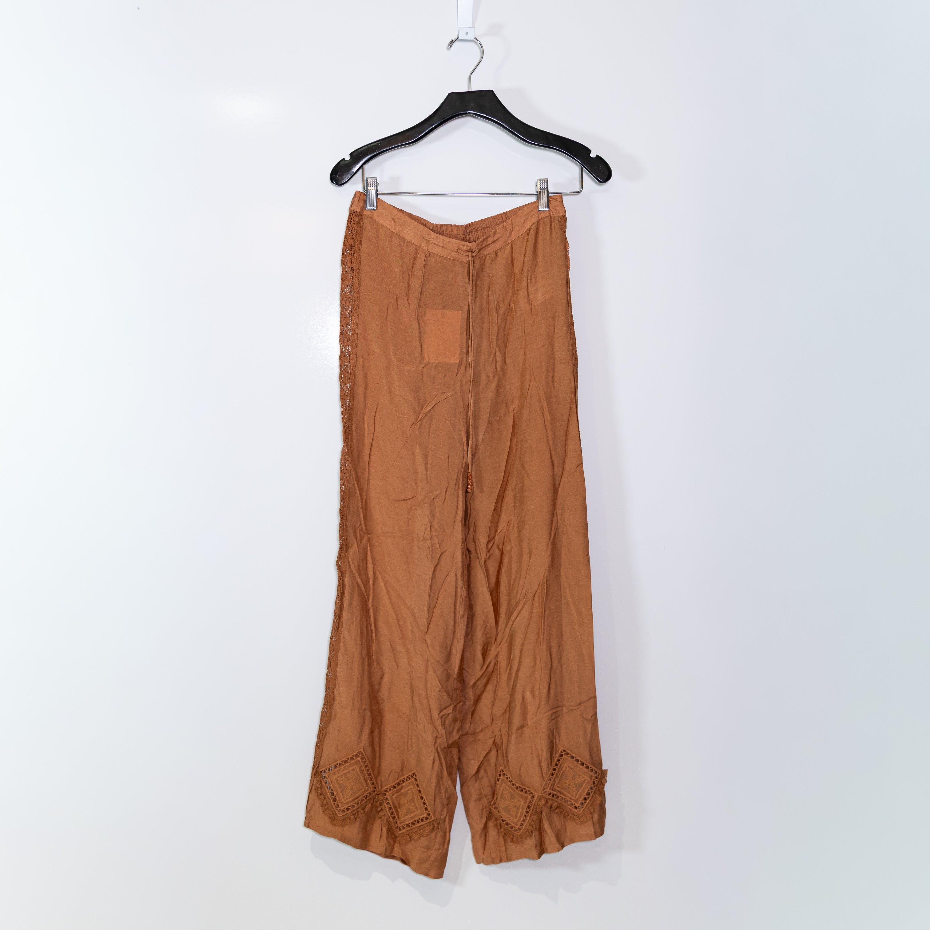 NEW Zara Lingerie Cotton Straight Leg Eyelet Lace Trim Pajama Lounge Pants Small