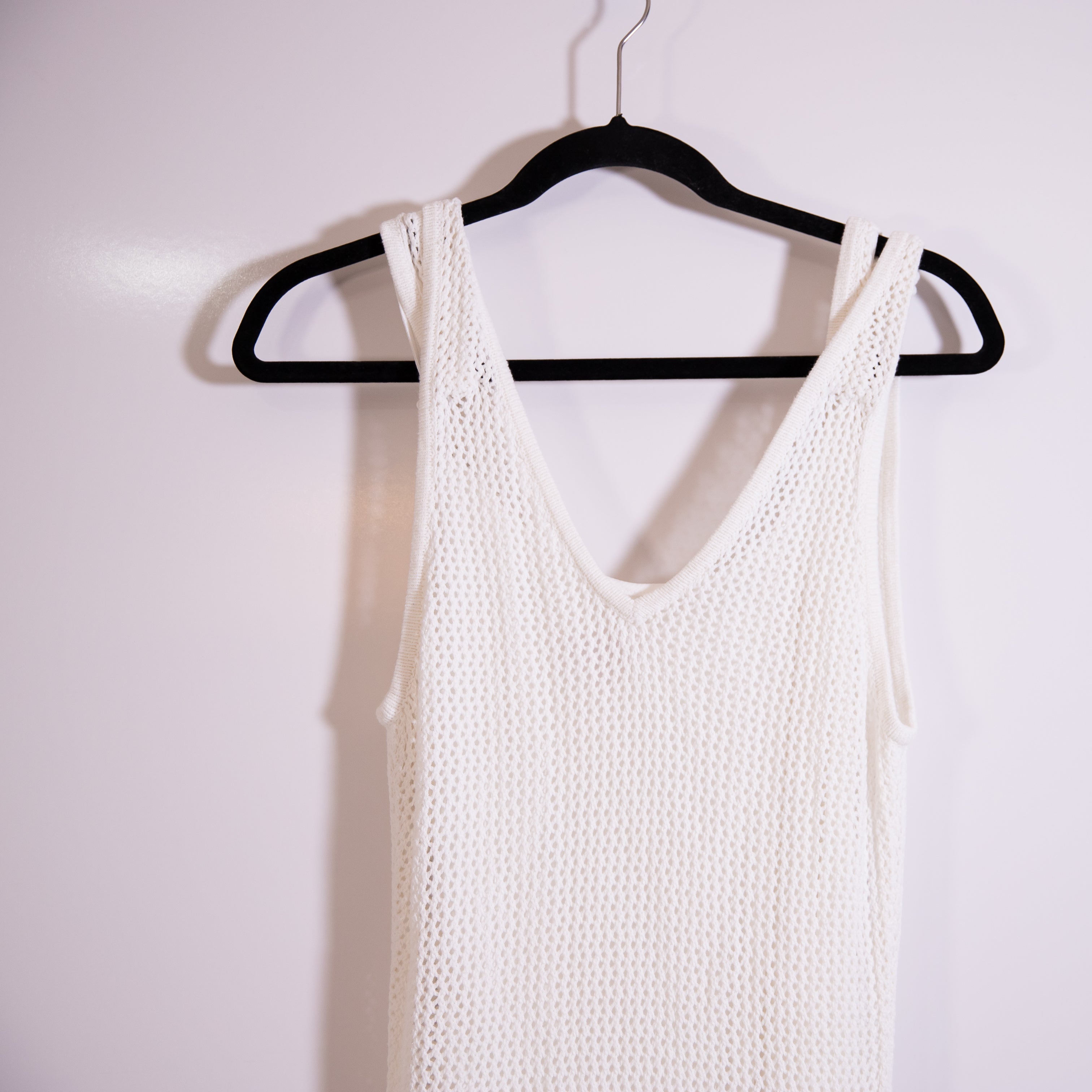 Staud Current Mesh Crochet Knit Tie Shoulder Logo Embossed Maxi Dress White M