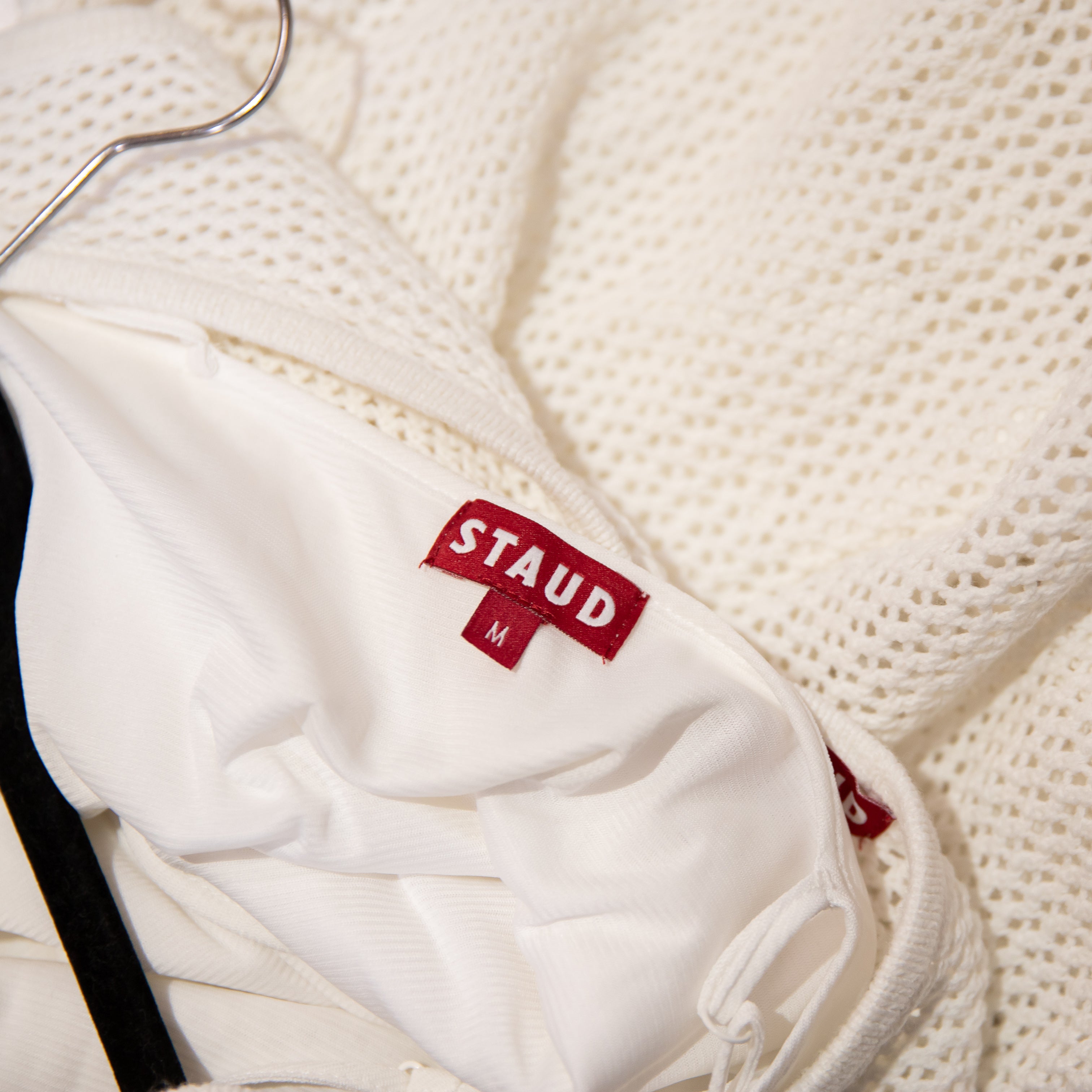 Staud Current Mesh Crochet Knit Tie Shoulder Logo Embossed Maxi Dress White M