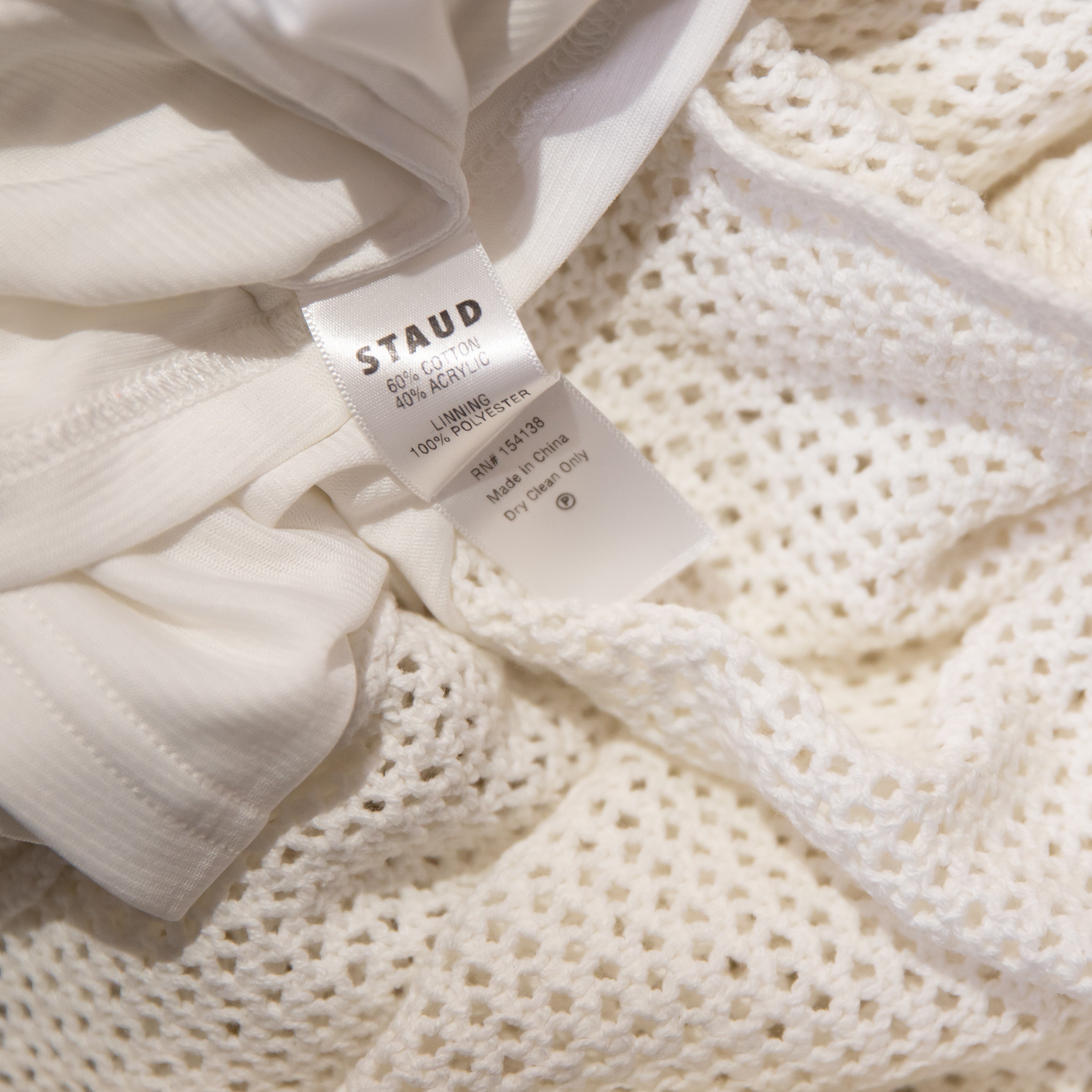 Staud Current Mesh Crochet Knit Tie Shoulder Logo Embossed Maxi Dress White M