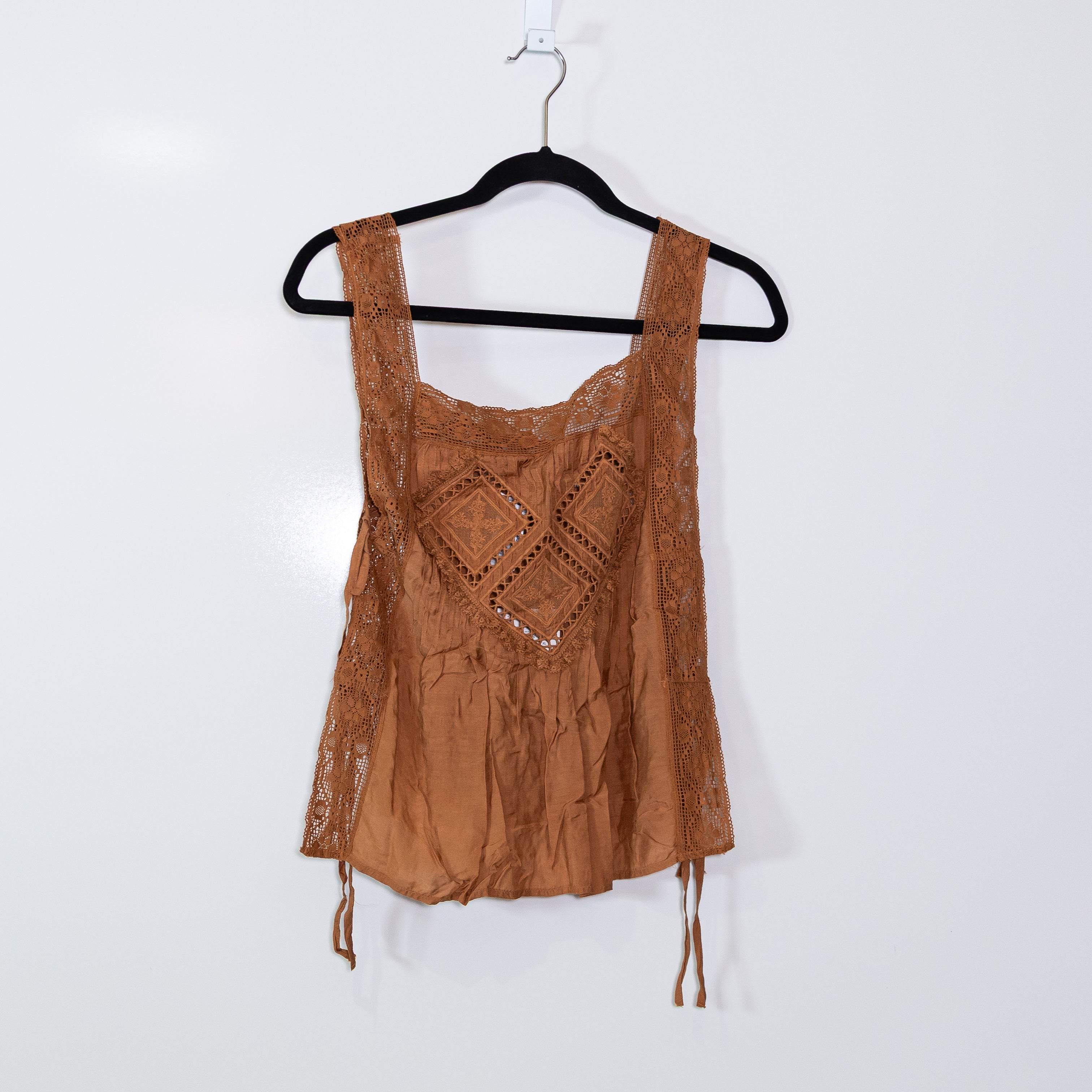 NEW Zara Lingerie Cotton Side Tie Eyelet Lace Trim Pajama Lounge Tank Top Small