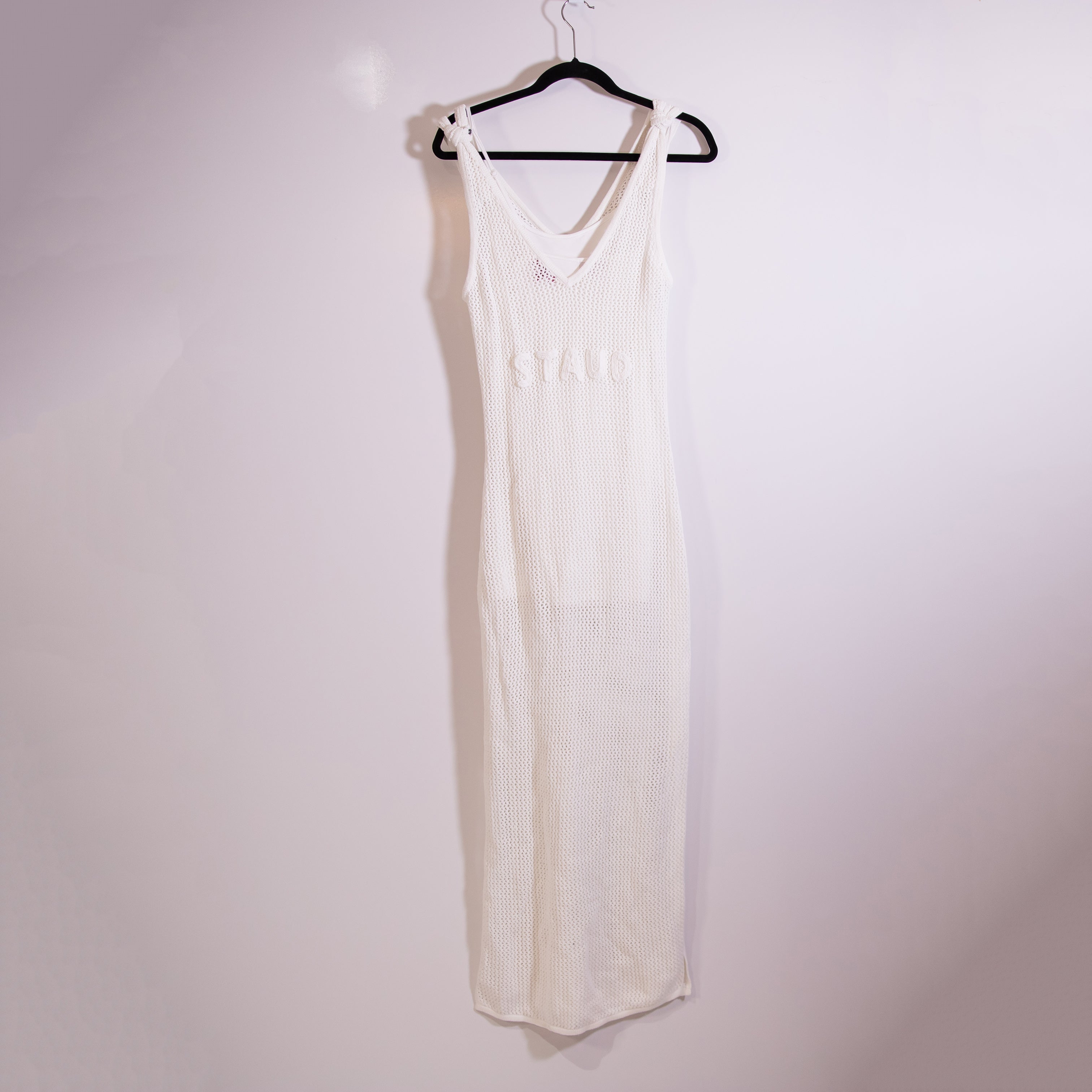 Staud Current Mesh Crochet Knit Tie Shoulder Logo Embossed Maxi Dress White M