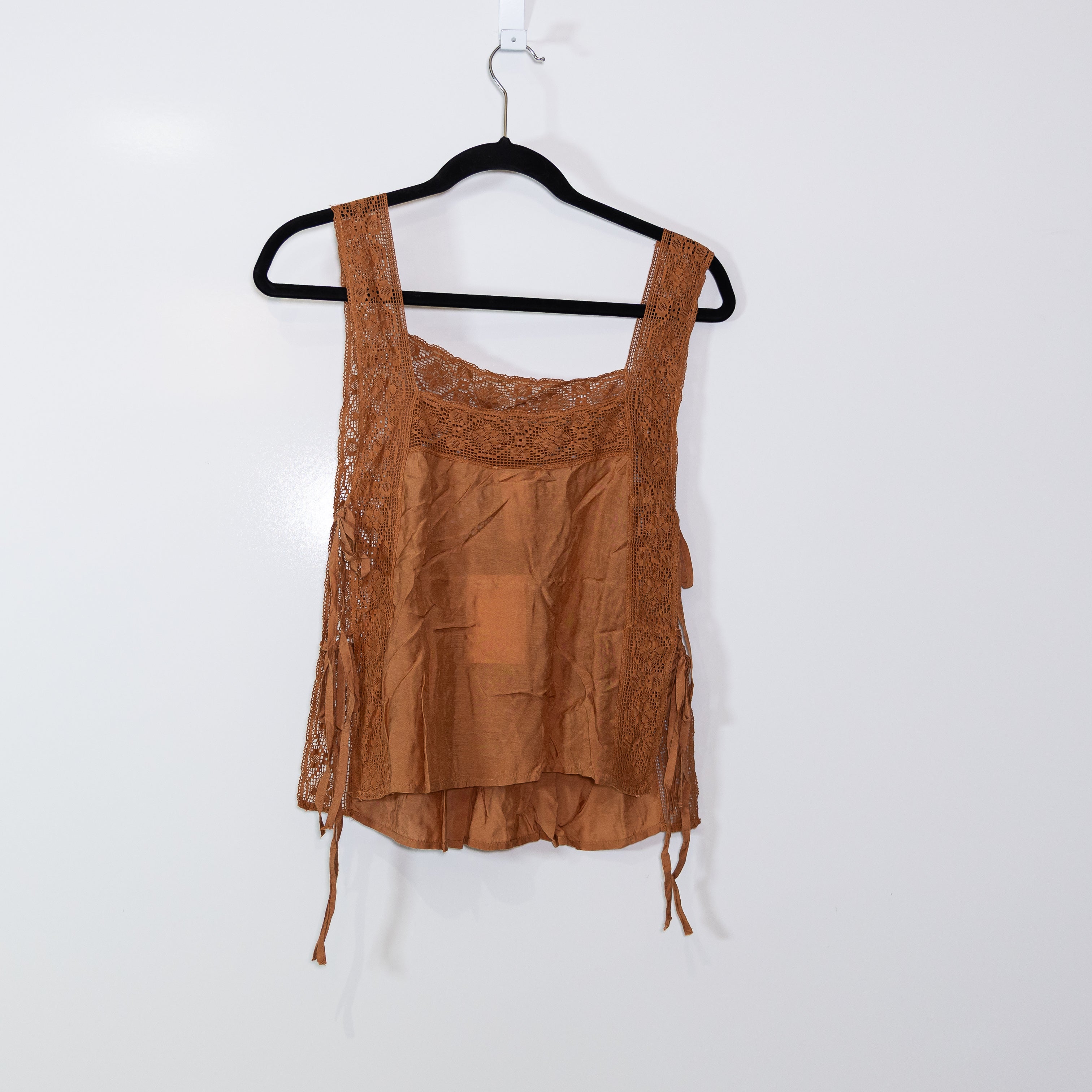 NEW Zara Lingerie Cotton Side Tie Eyelet Lace Trim Pajama Lounge Tank Top Small