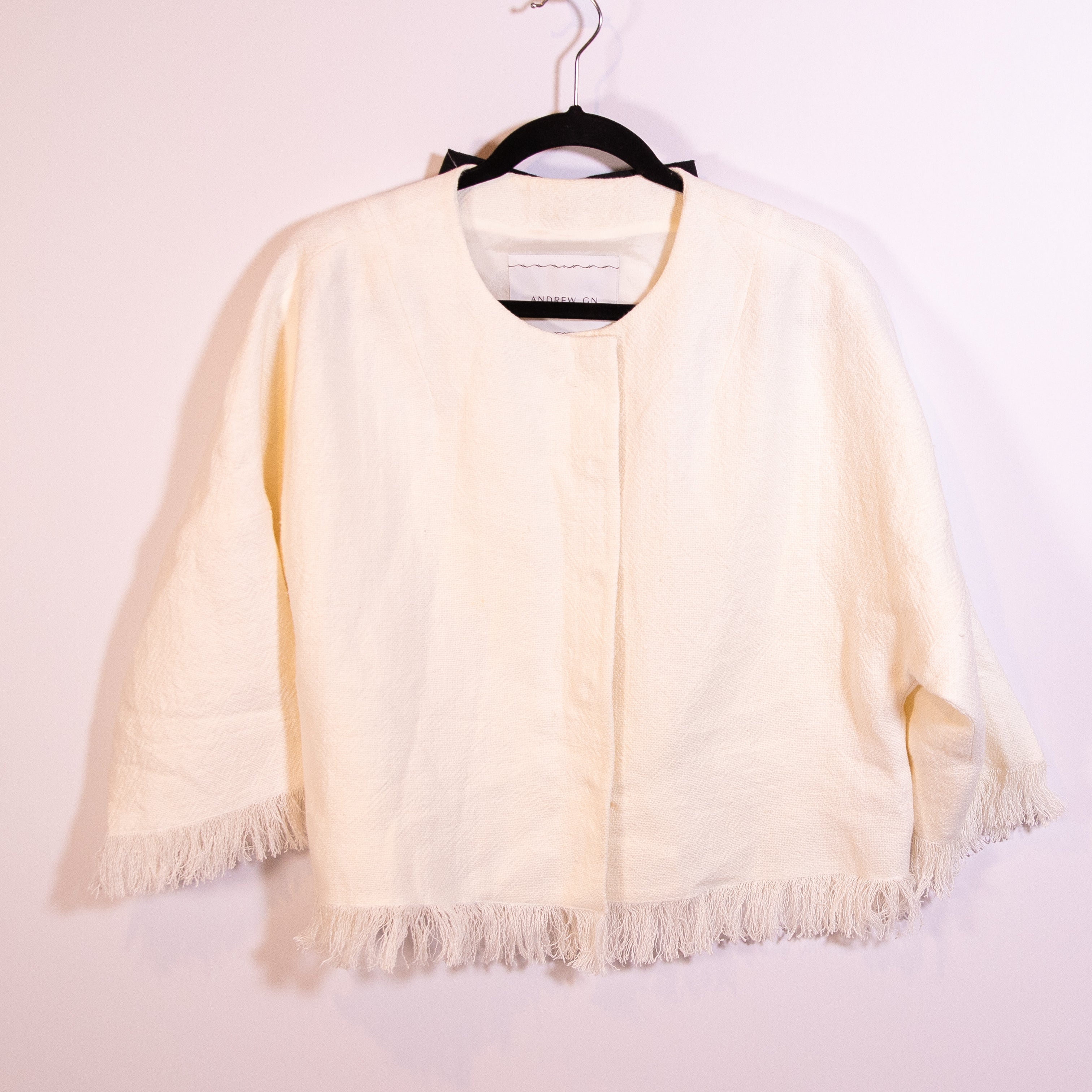 Andrew GN Linen Woven Textured Weave Fringe Snap Button Bow Tie Back Jacket 38