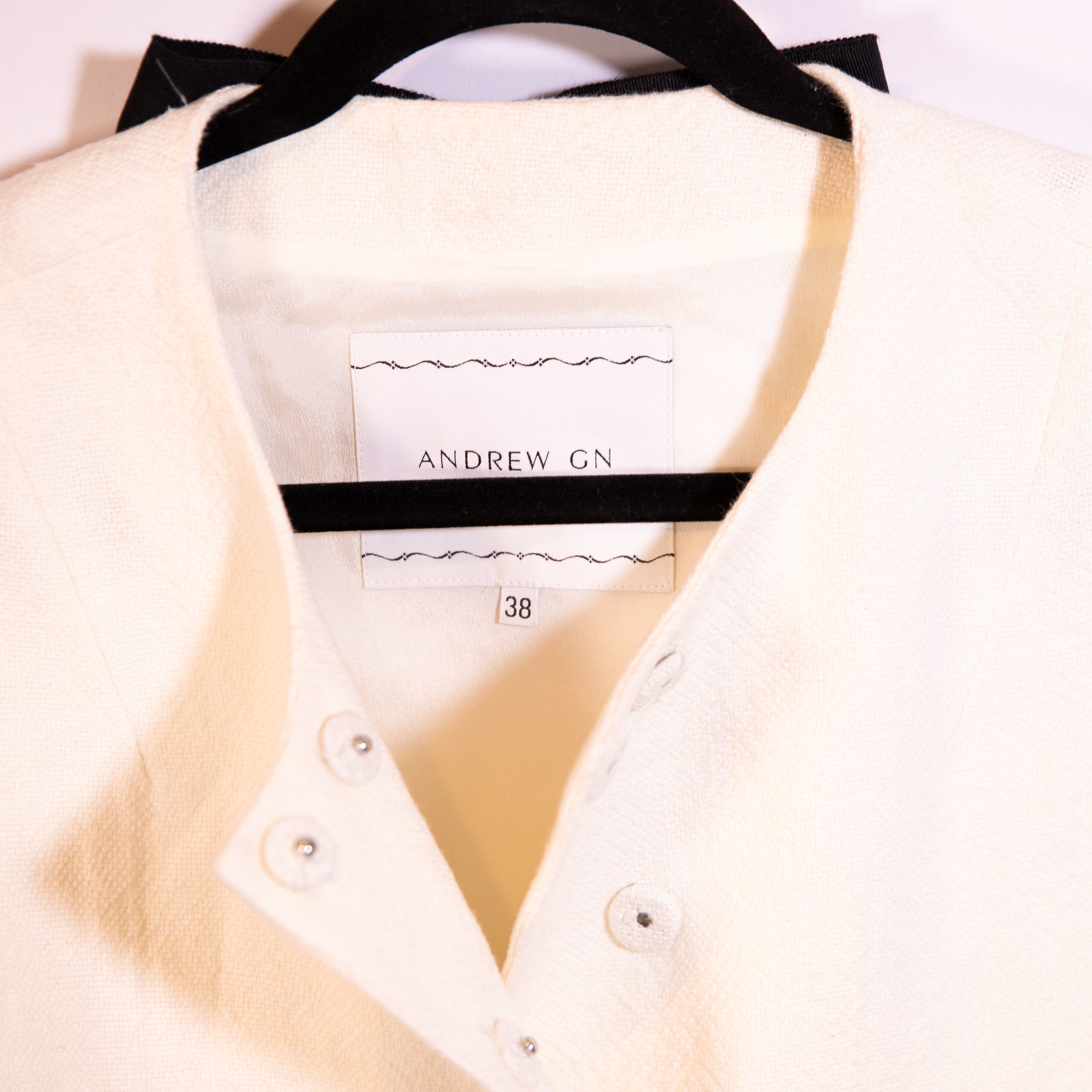 Andrew GN Linen Woven Textured Weave Fringe Snap Button Bow Tie Back Jacket 38