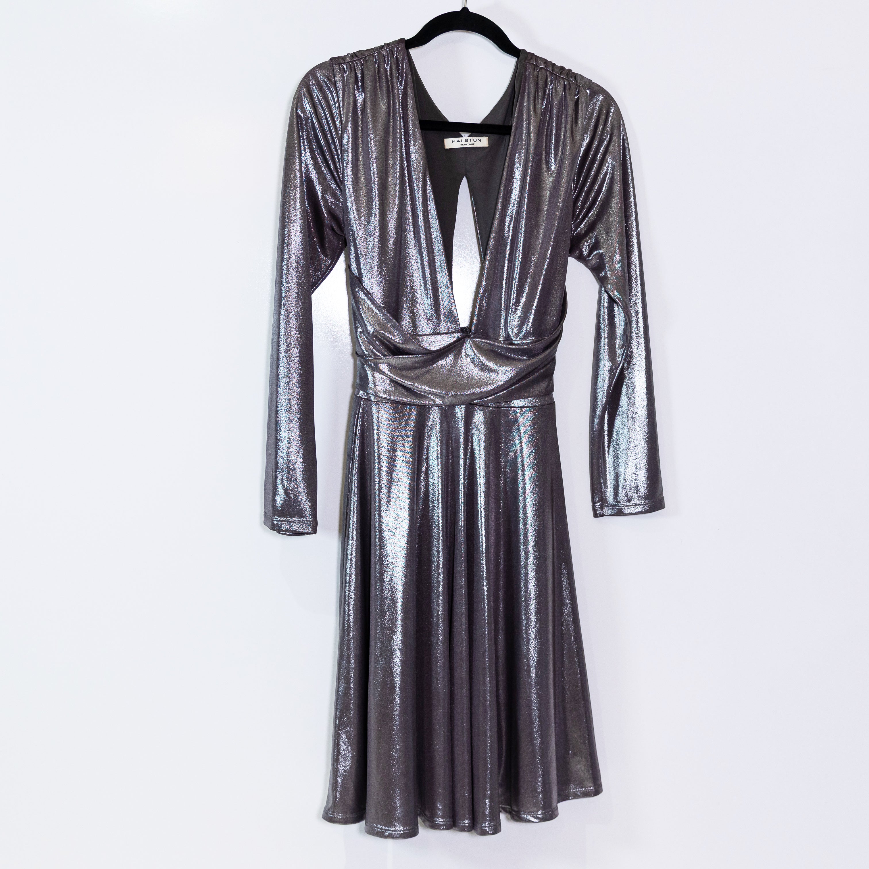 Halston Heritage Silver Metallic Gunmetal Liquid Deep V Neck Mini Party Dress L