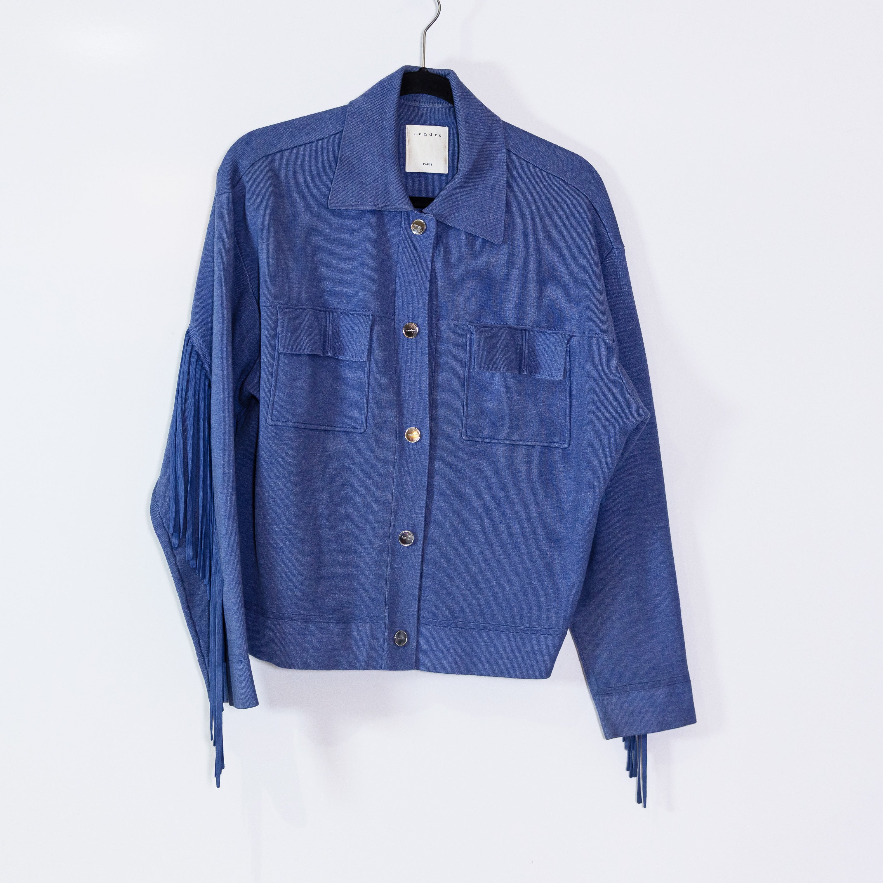Sandro Galith Fringe Embellished Detail Collared Cropped Knit Stretch Jacket