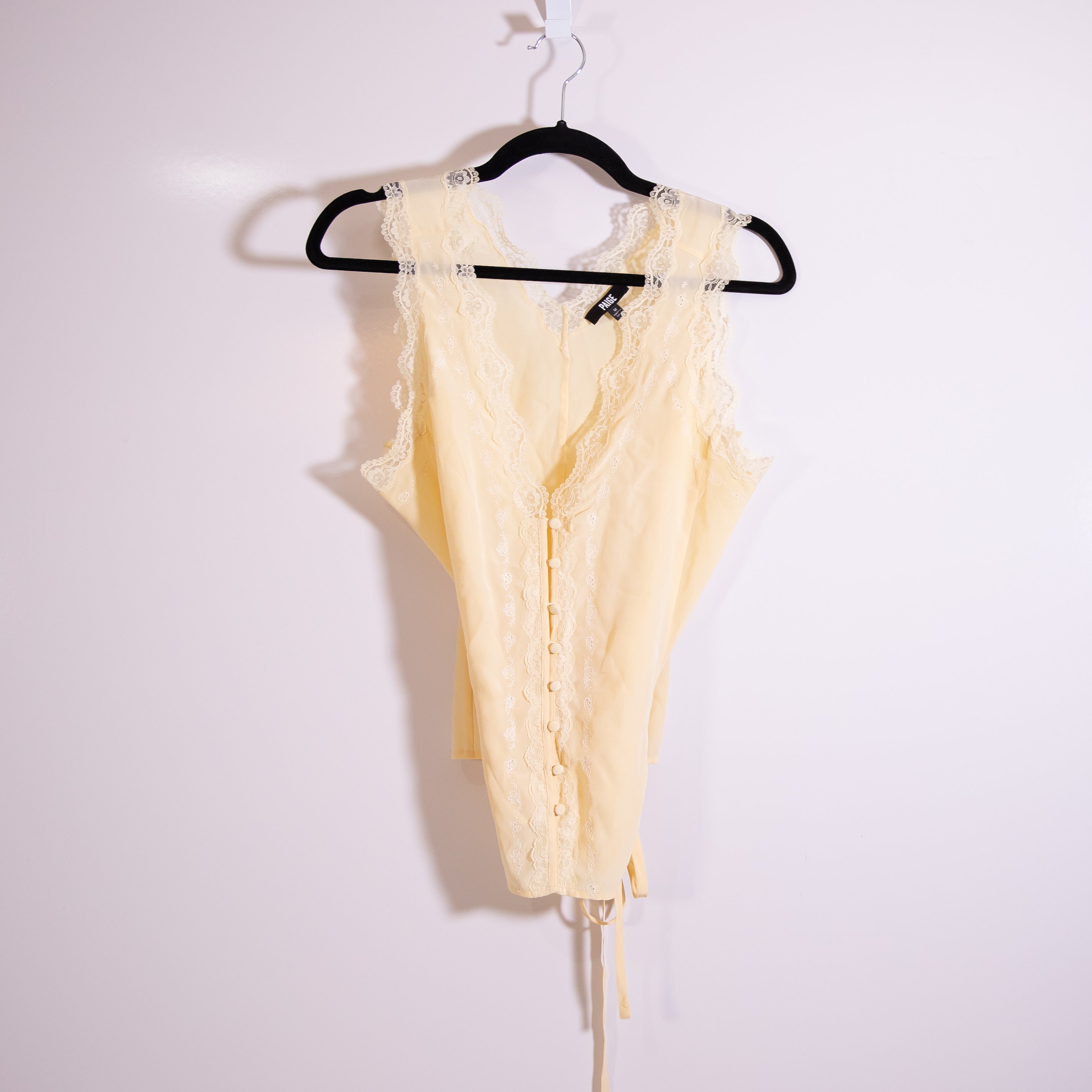 Paige Ancona Silk Chiffon Lace Applique Sleeveless Blouse Tank Top Apricot Dust