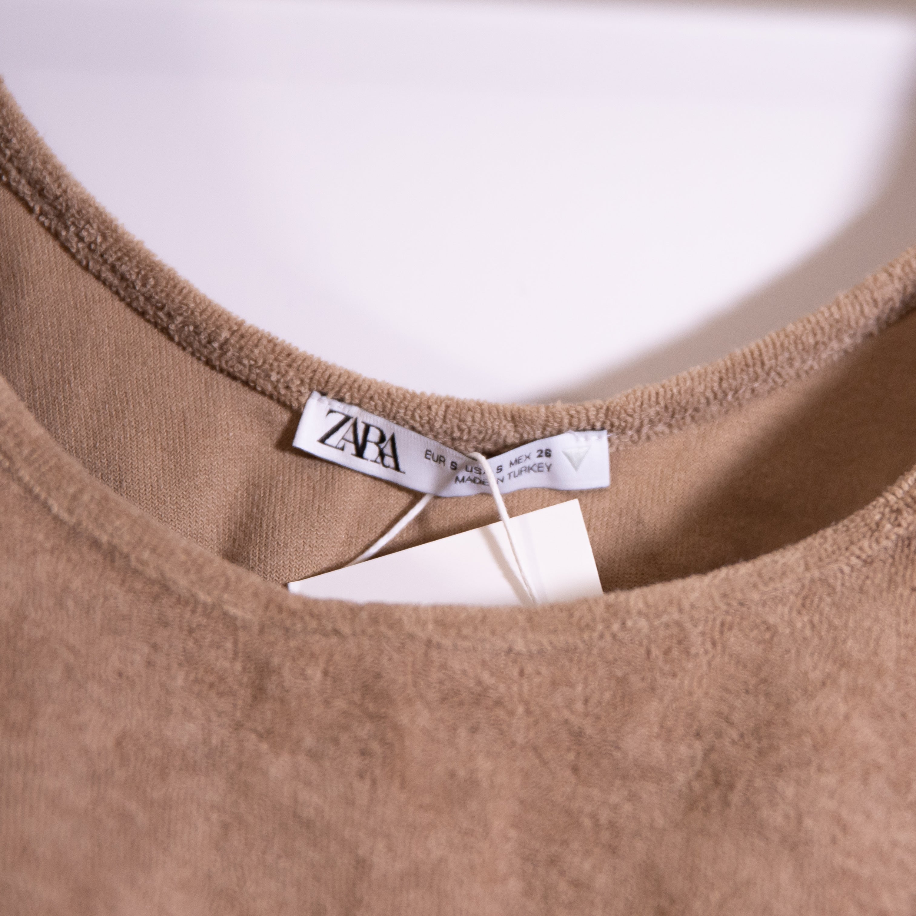 NEW Zara Cotton Terry Scoop Neck Crop Top Tank Stretch Band Brown Tan Small