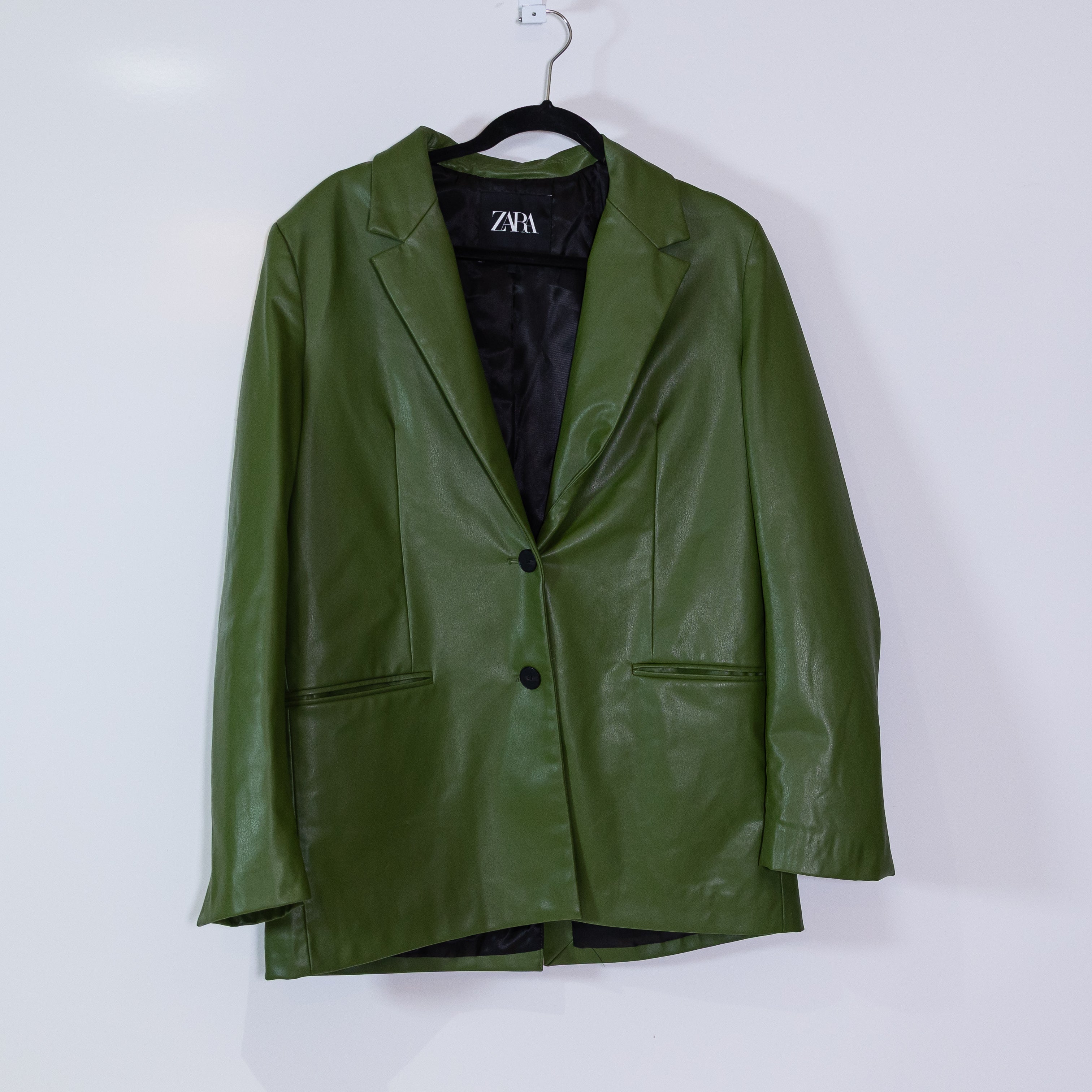 Zara Faux Vegan Leather Collared Two Button Blazer Jacket Green Medium