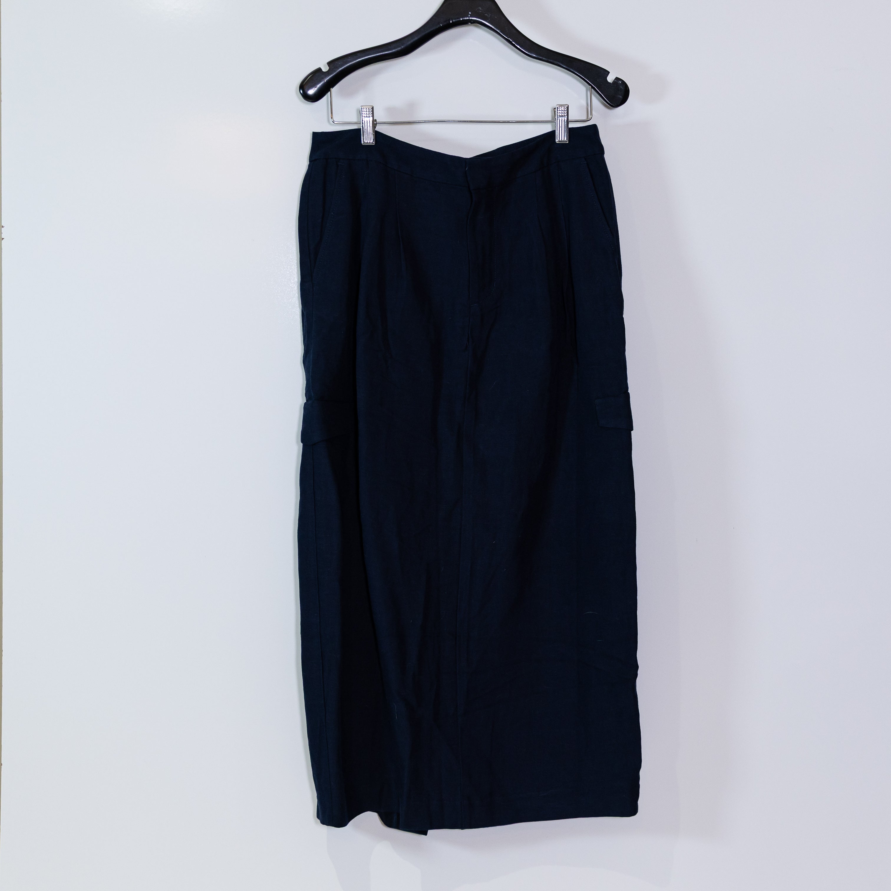 NEW Madewell Pleated High Waist Cargo Linen Blend Midi Skirt Deep Indigo 8