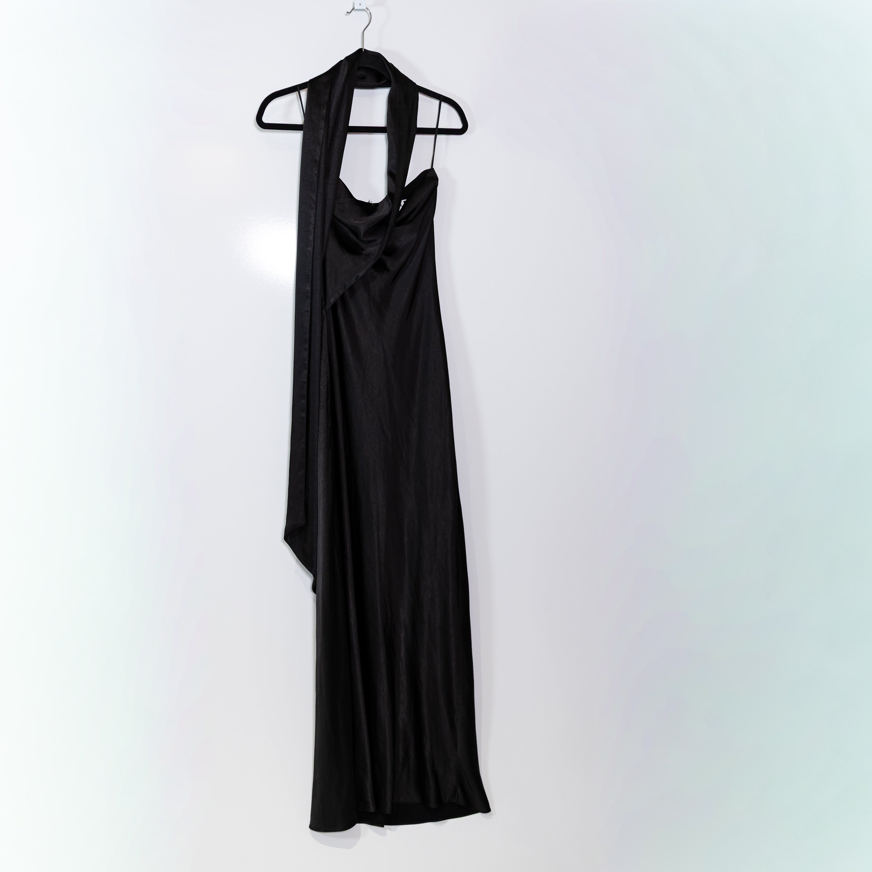 NEW Misha The Lilia Satin Neck Wrap Scarf Column Long Black Cocktail Dress XS
