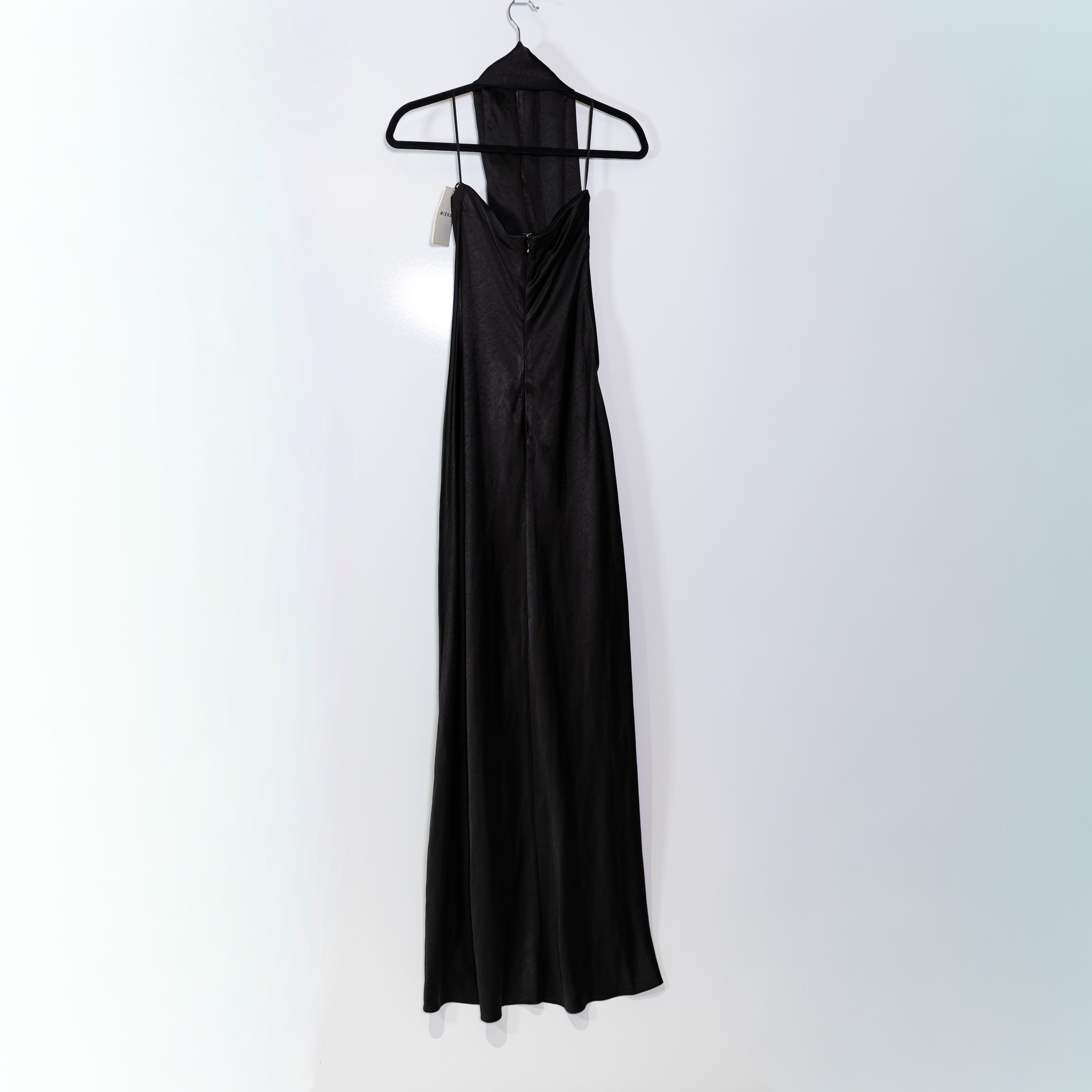 NEW Misha The Lilia Satin Neck Wrap Scarf Column Long Black Cocktail Dress XS