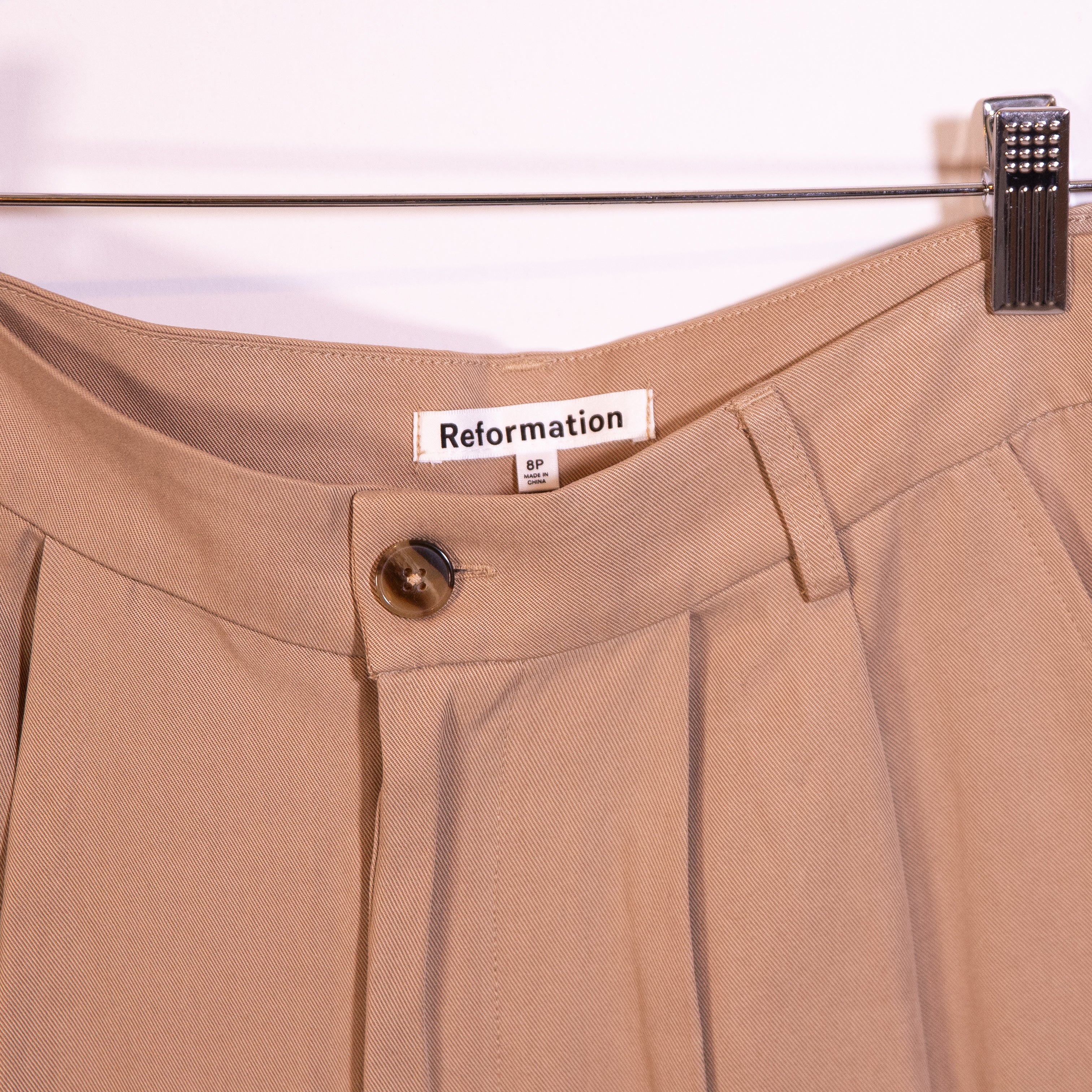 Reformation Mason High Waisted Straight Leg Front Pleated Trouser Pants Khaki 8P