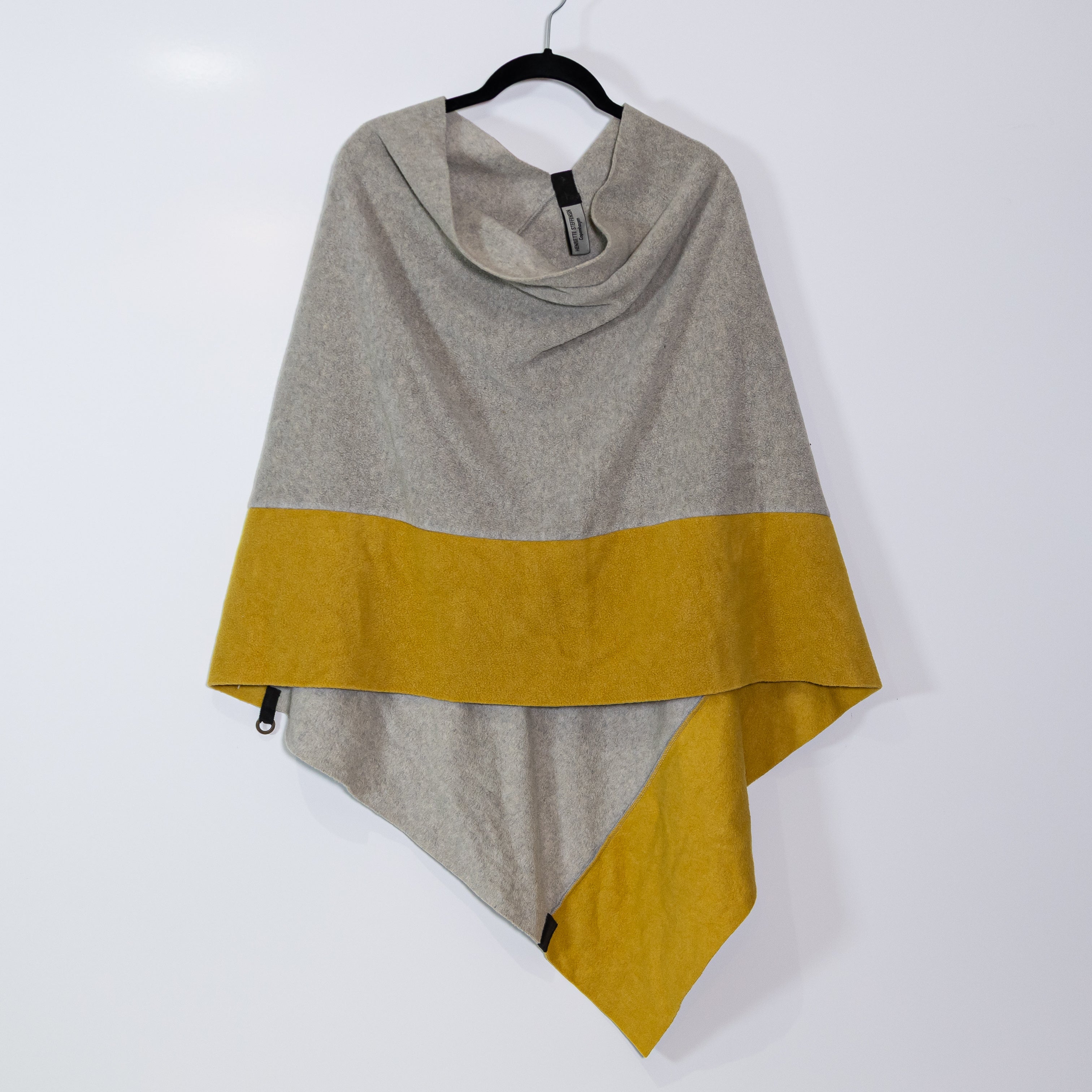 Henriette Steffensen Fleece Oversized Poncho Shawl Scarf Gray Yellow Colorblock