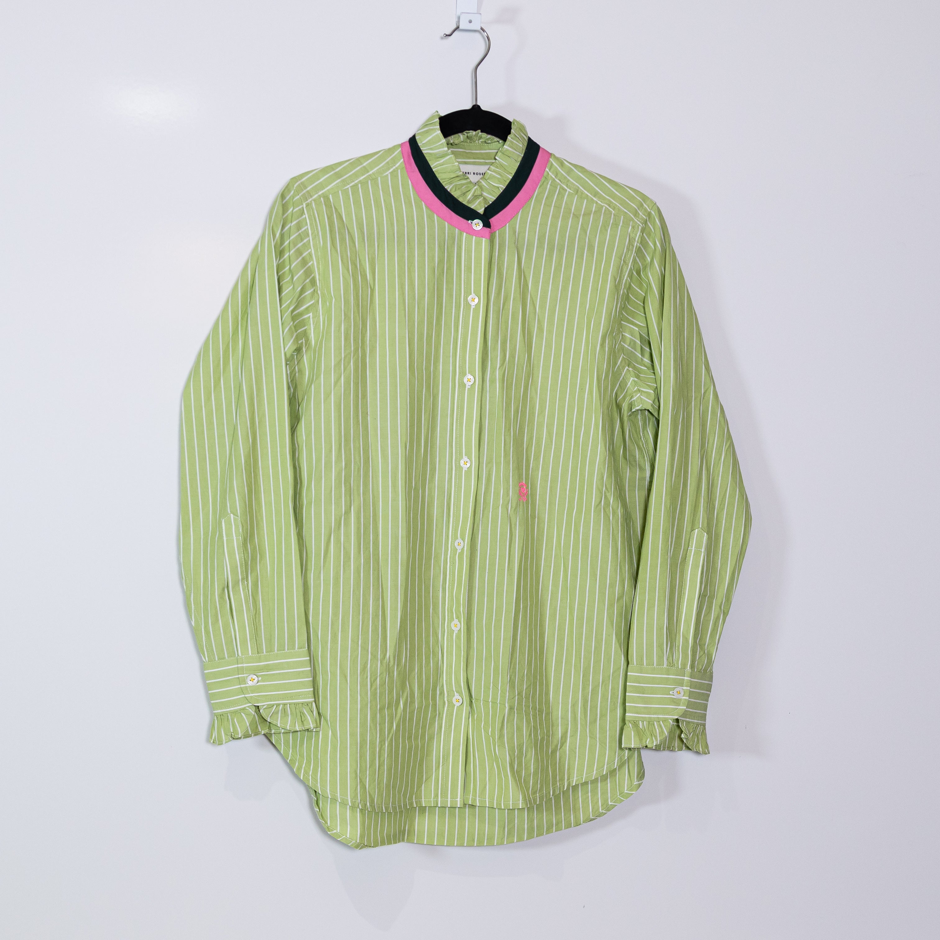 Kerri Rosenthal Mia Stripe Ruffle Collar Button Down Cotton Shirt Top Green M