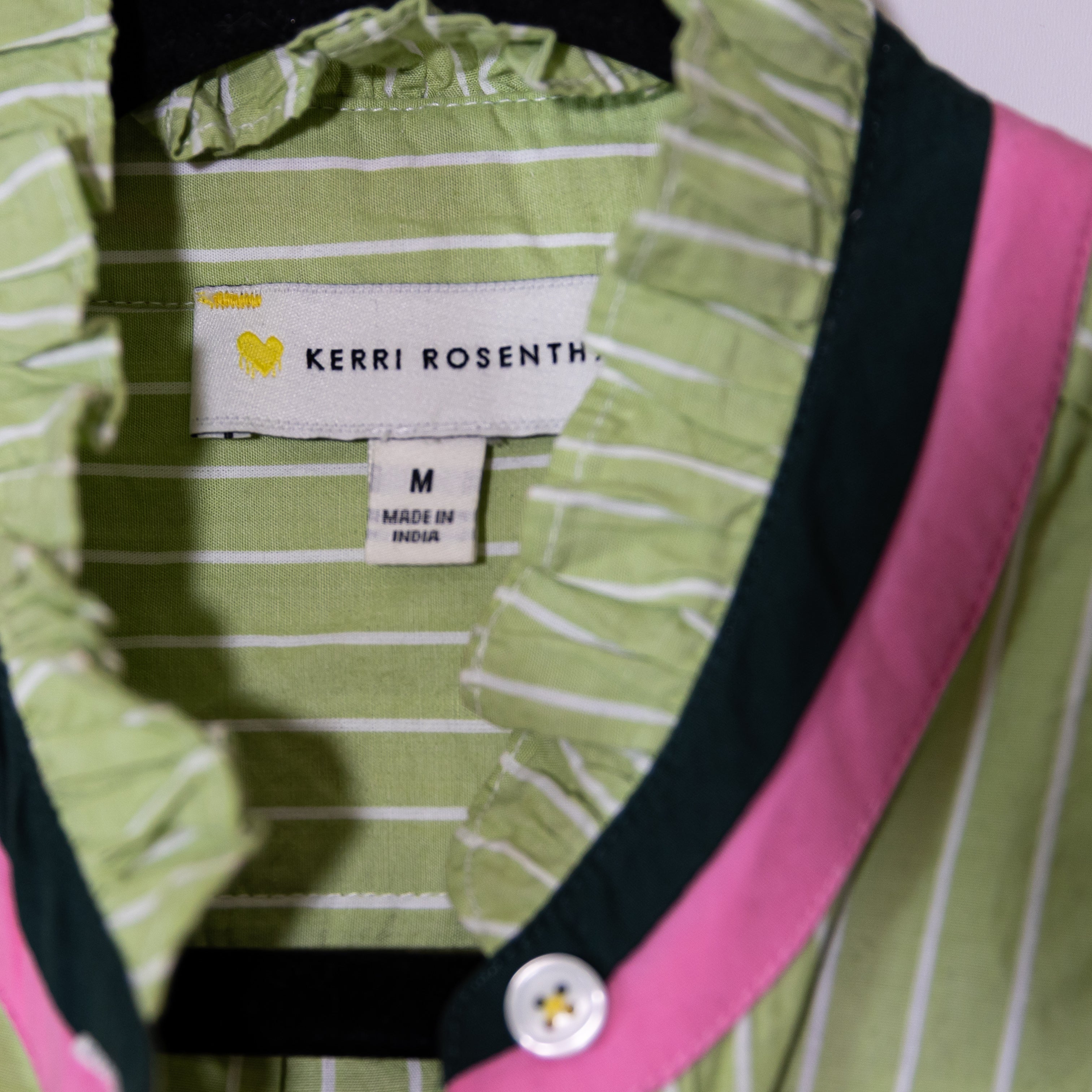 Kerri Rosenthal Mia Stripe Ruffle Collar Button Down Cotton Shirt Top Green M