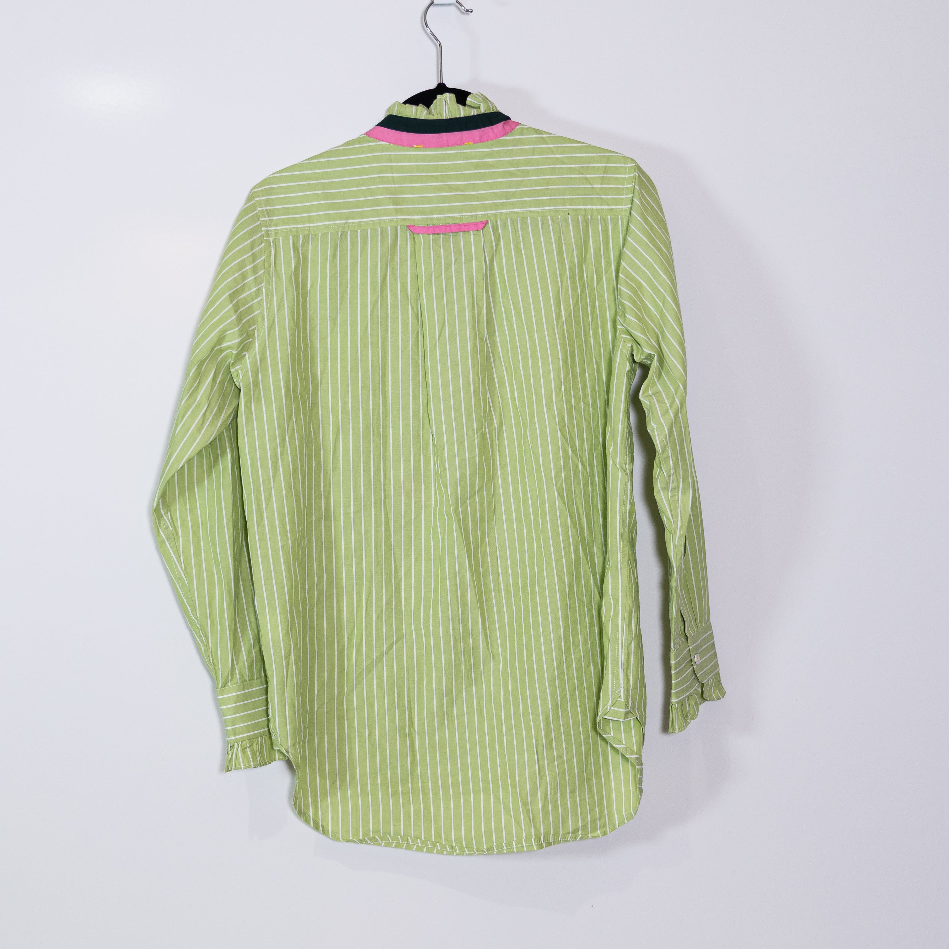 Kerri Rosenthal Mia Stripe Ruffle Collar Button Down Cotton Shirt Top Green M