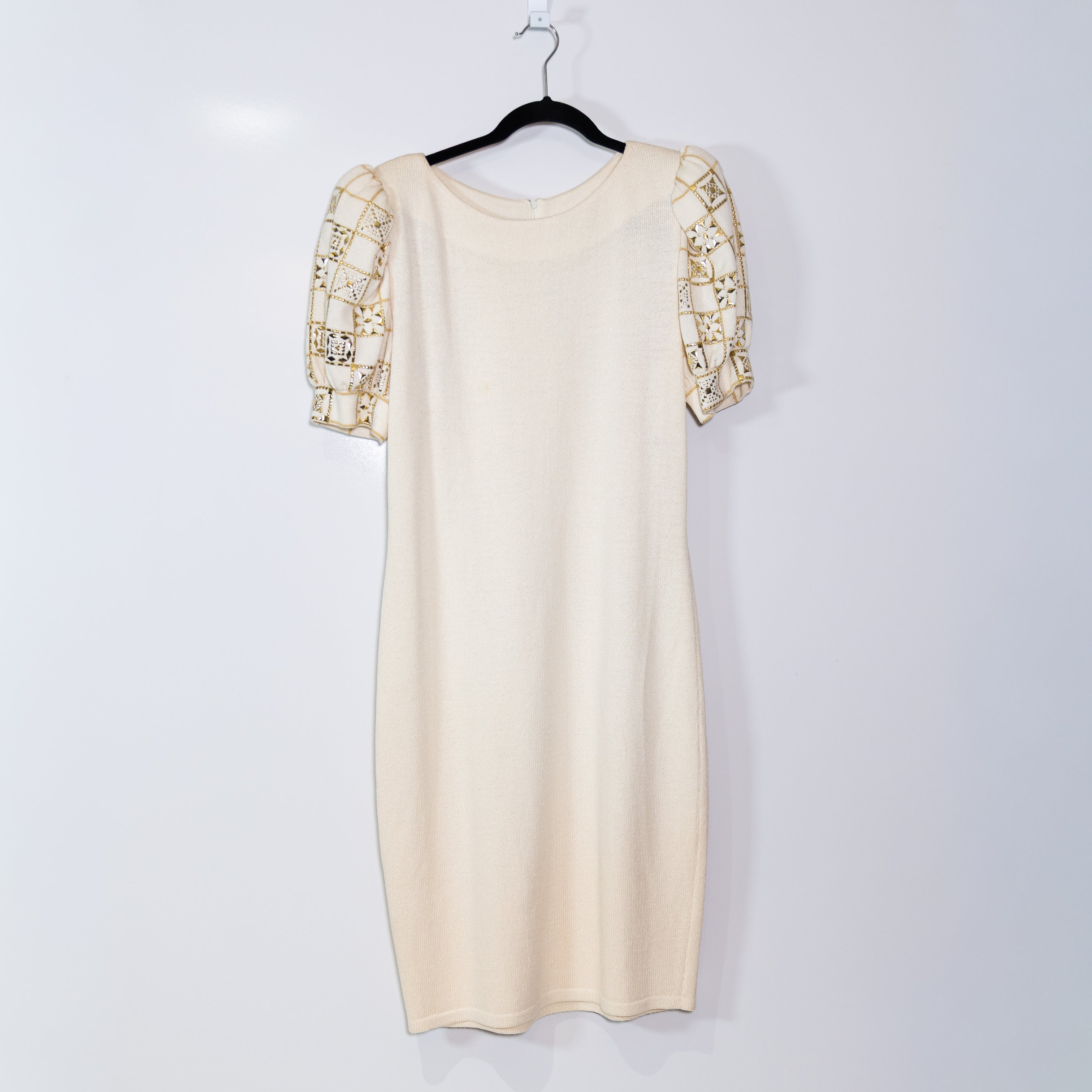 St. John Evening Vintage Sweater Knit Stretch Studded Embellished Sleeve Dress