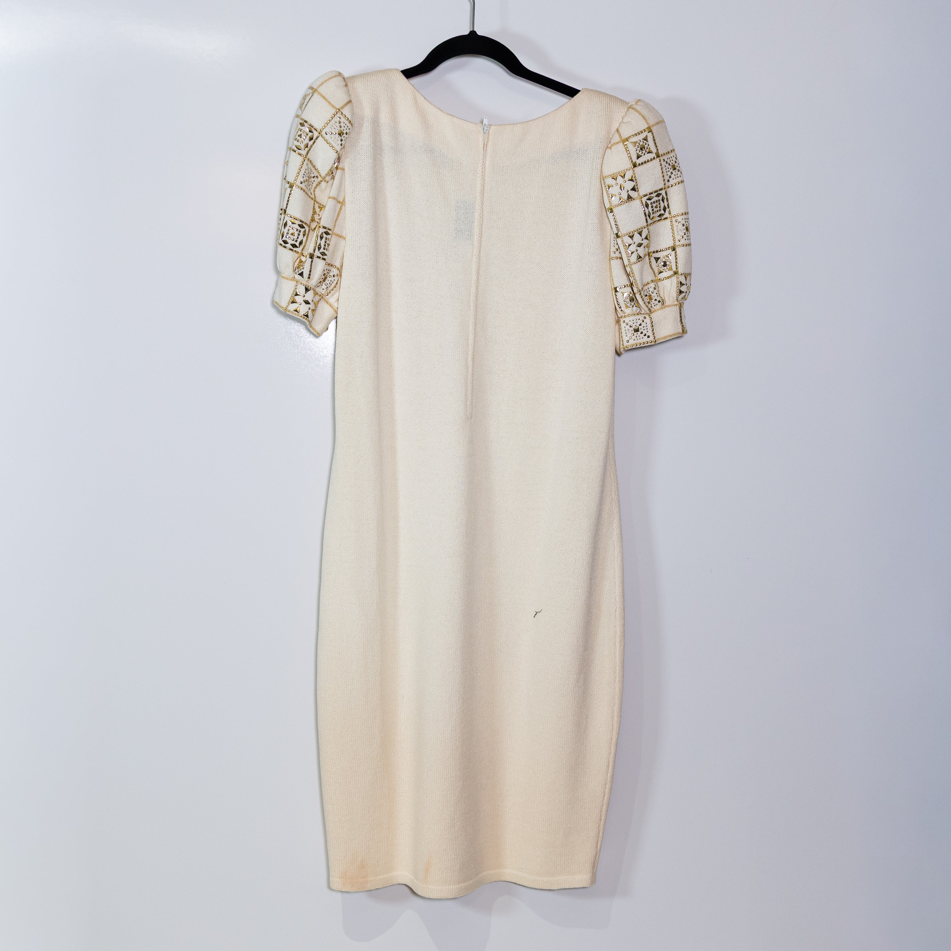 St. John Evening Vintage Sweater Knit Stretch Studded Embellished Sleeve Dress