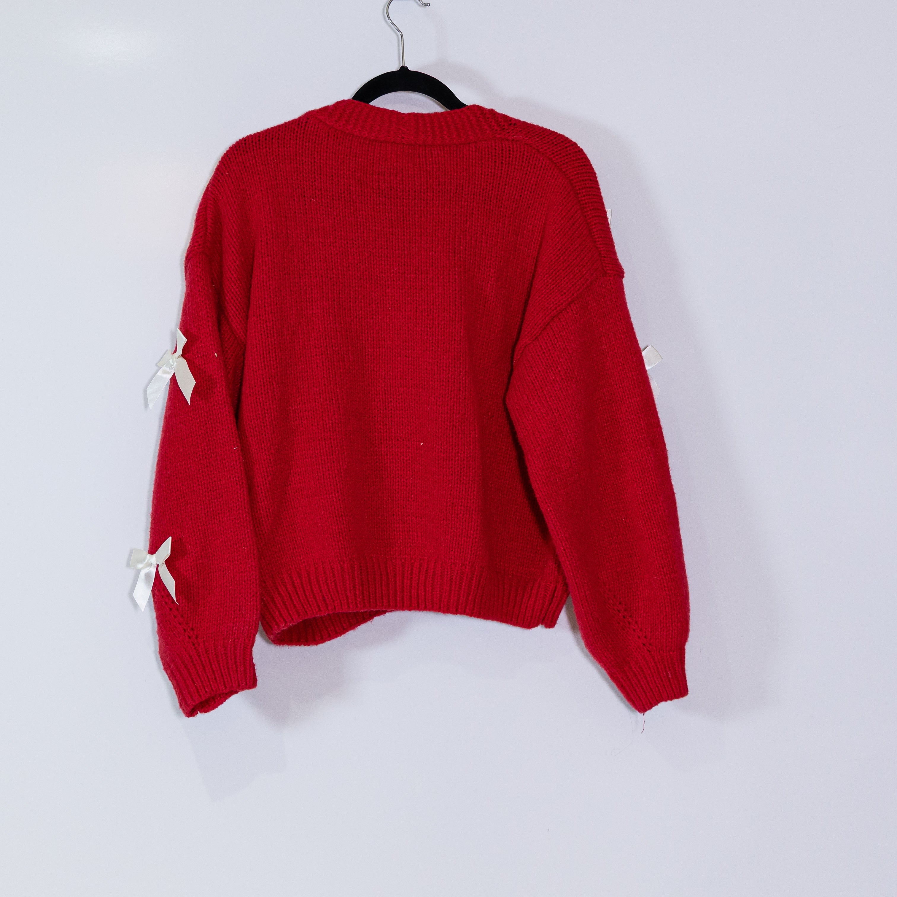 Luna Ivy Knit Stretch Button Front Satin Bow Embellished Cardigan Sweater Red M