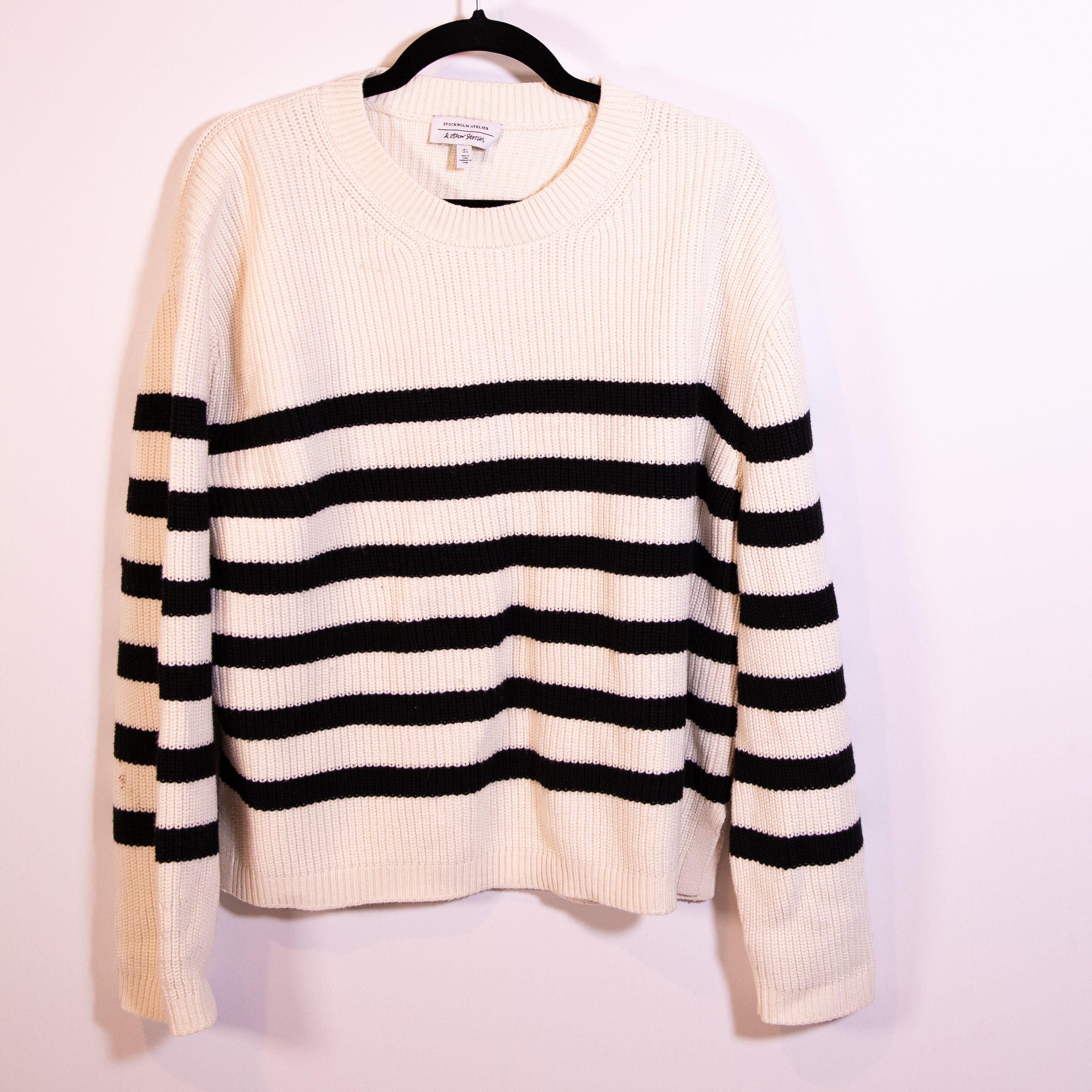 & Other Stories Cotton Wool Knit Stretch Crew Neck Stripe Print Pullover Sweater
