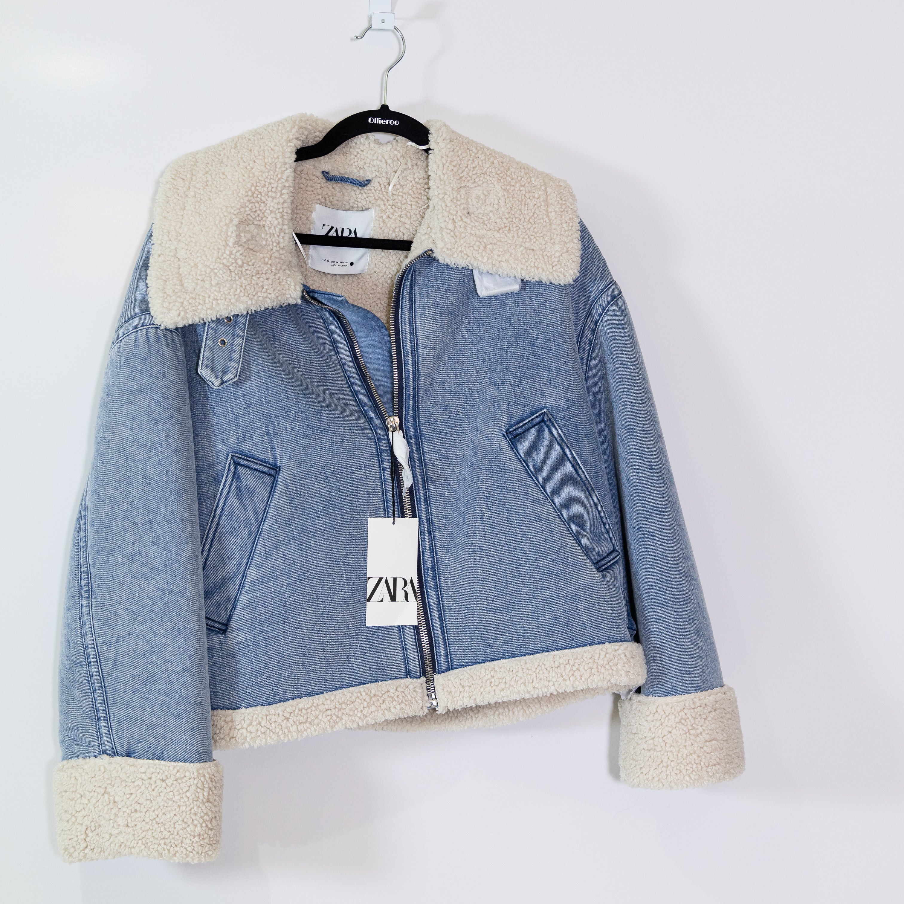 NEW Zara Faux Vegan Shearling Cotton Denim Jean Full Zip Spread Collar Jacket M