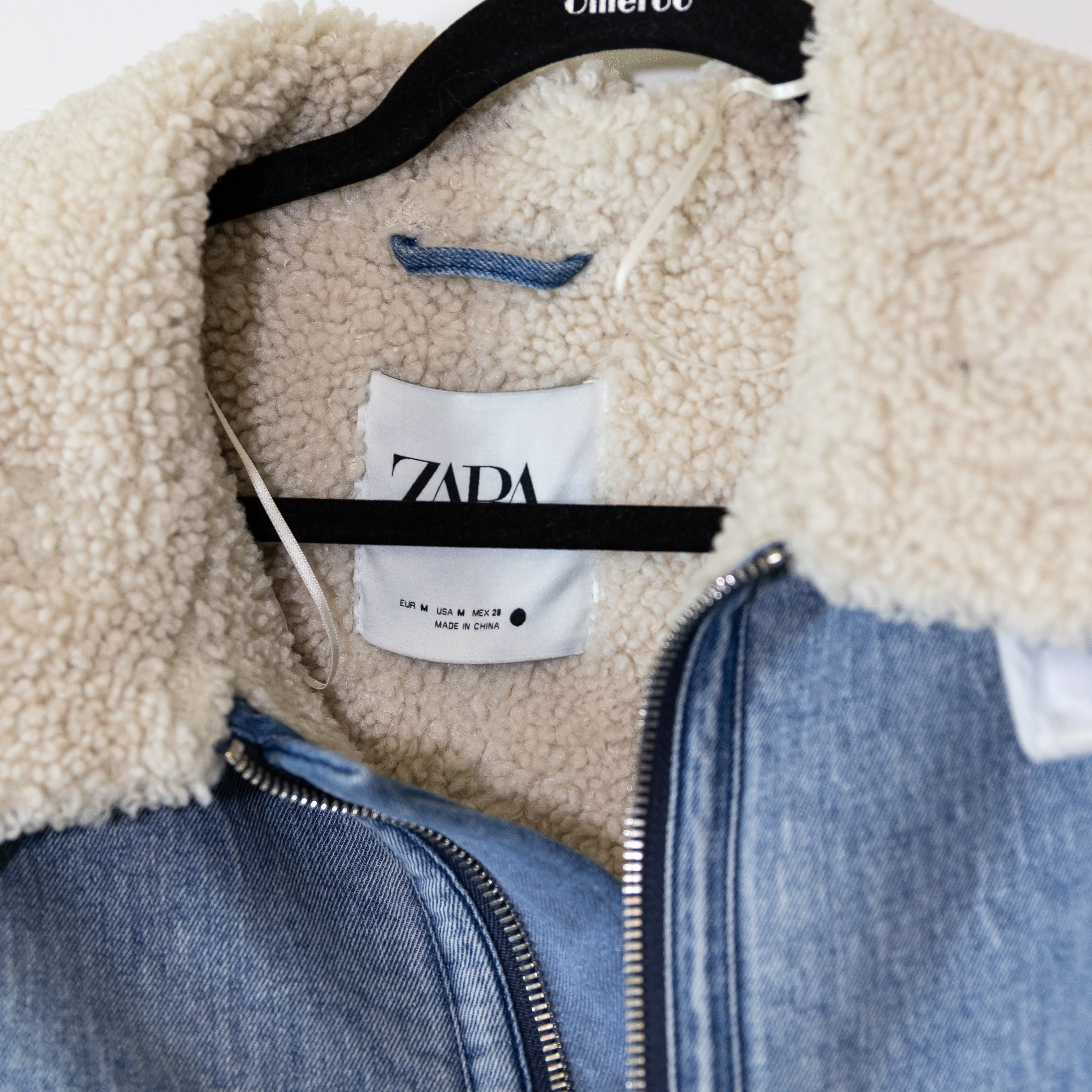 NEW Zara Faux Vegan Shearling Cotton Denim Jean Full Zip Spread Collar Jacket M