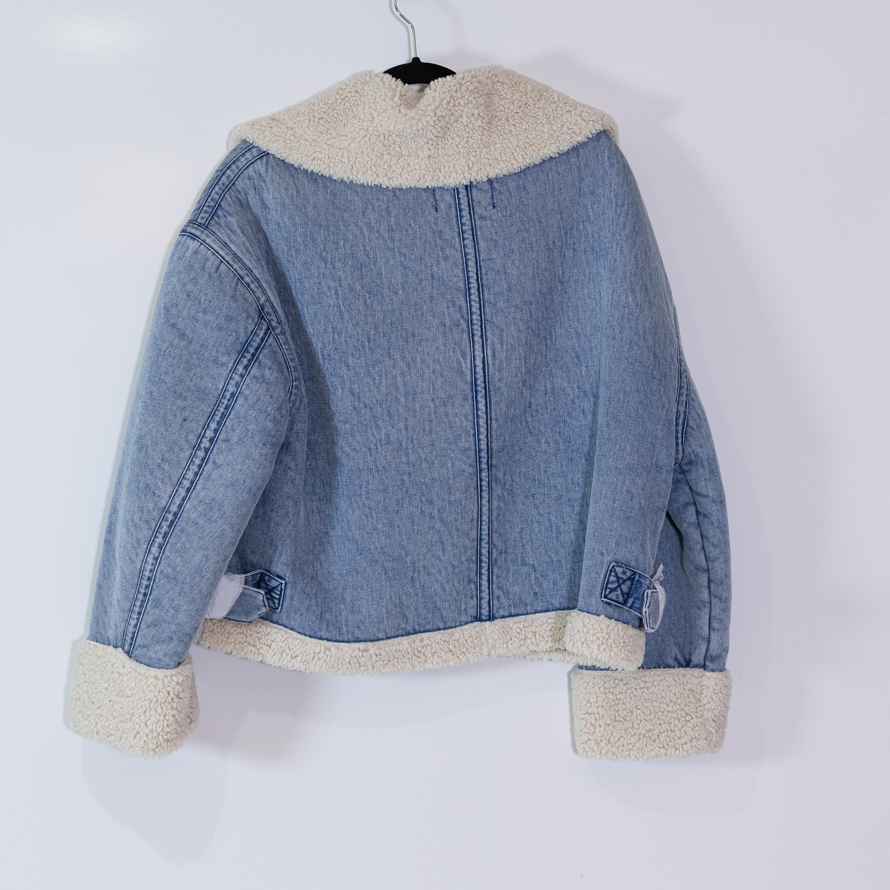 NEW Zara Faux Vegan Shearling Cotton Denim Jean Full Zip Spread Collar Jacket M