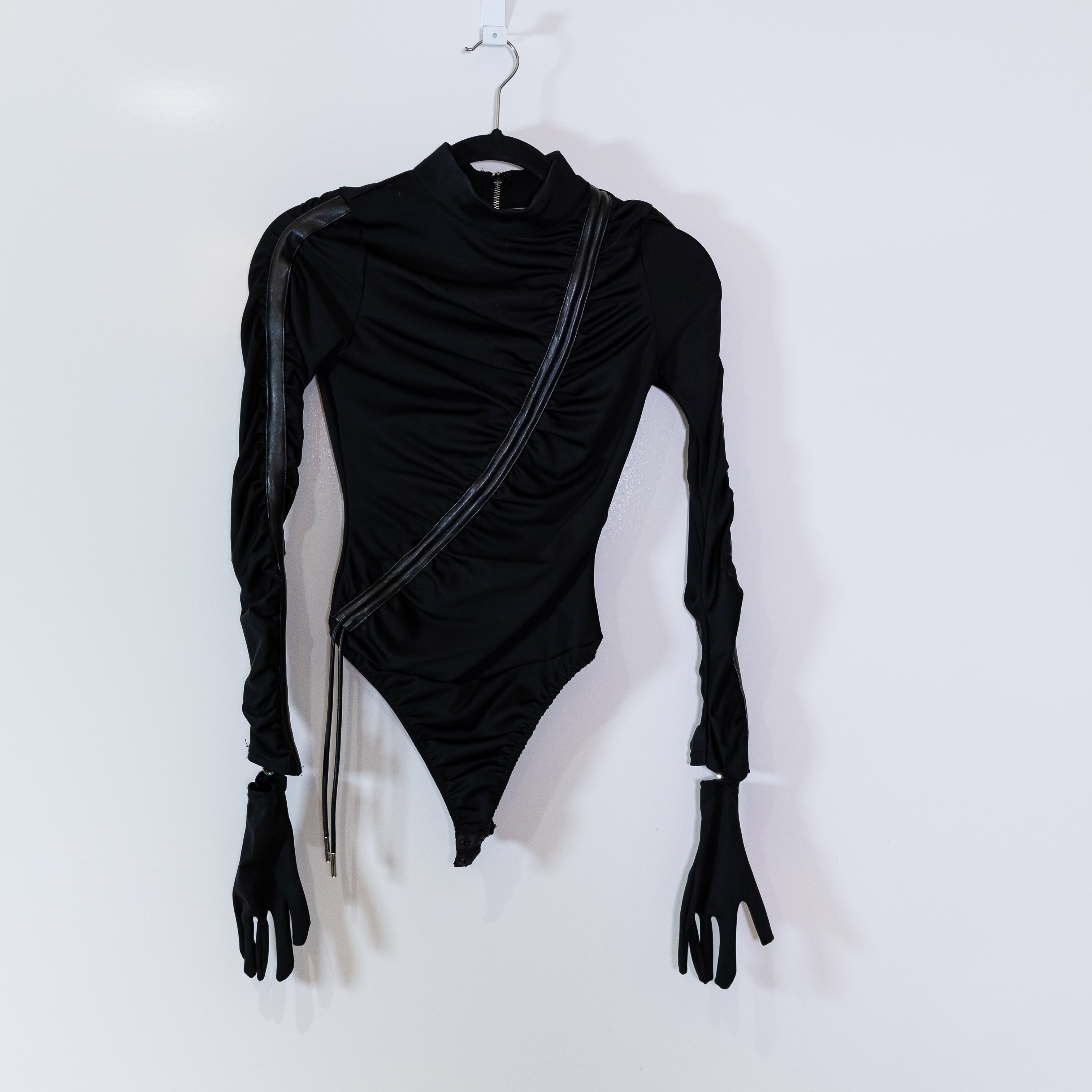 Maniere De Voir Glove One Piece Long Sleeve Bodysuit Mockneck With Ruching Black