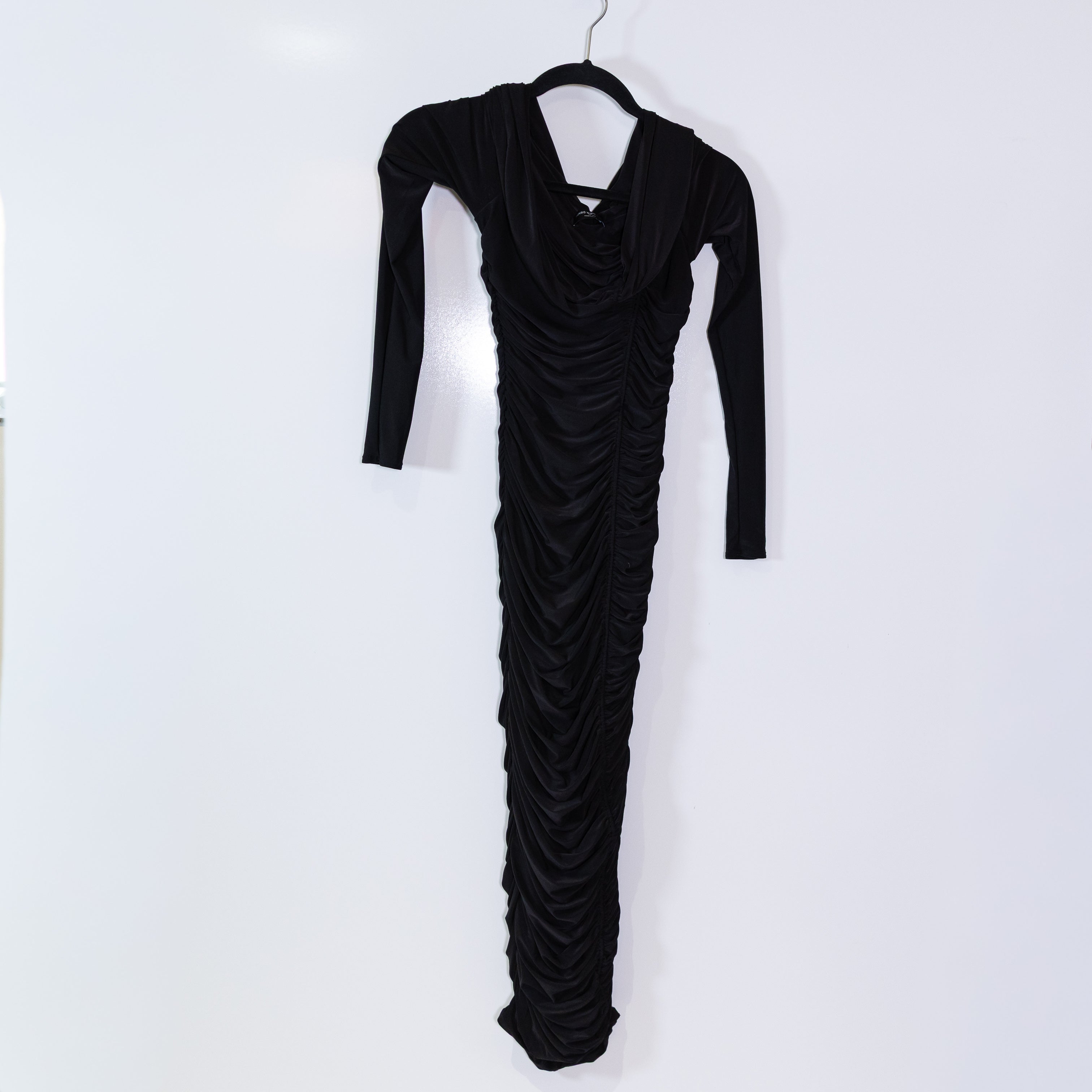 NEW Naked Wardrobe Ruched Jersey Knit Stretch Cowl Neck Bodycon Maxi Dress Black