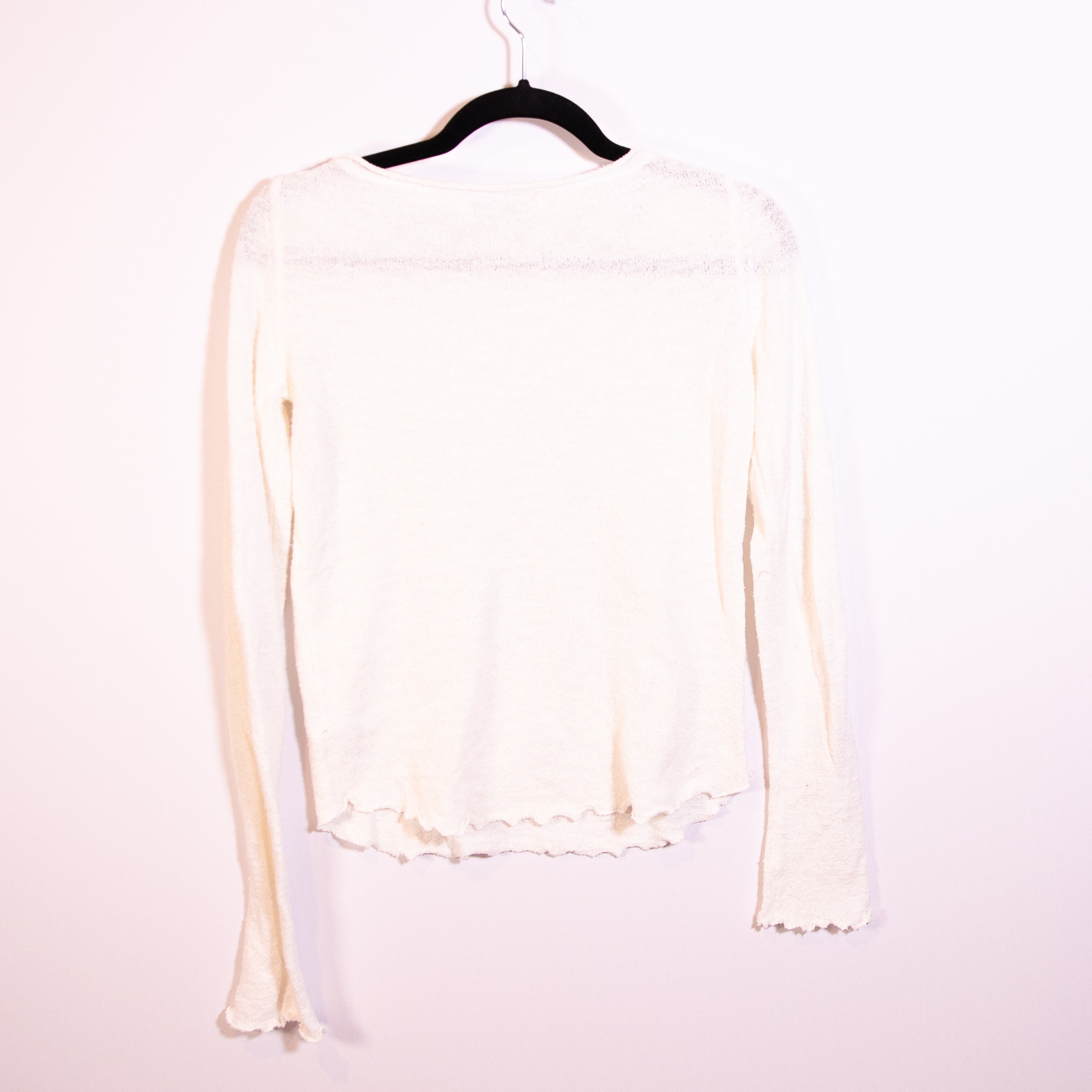 Free People Cotton Blend Stretch Knit Scoop Neck Lettuce Bib Ruffle Hem Sweater