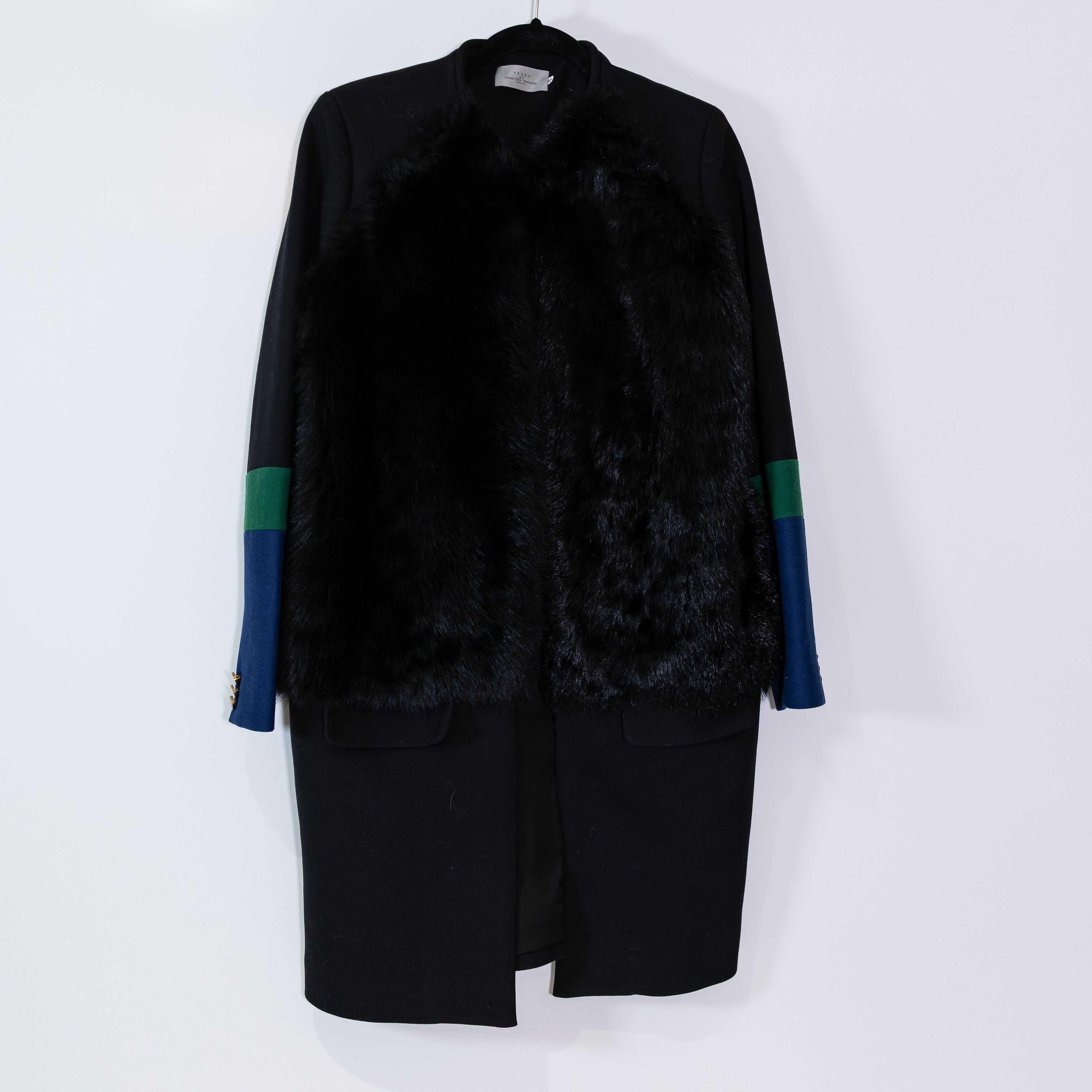 Preen By Thornton Bregazzi Black Blue Green Fur Wool Coat Jacket Small