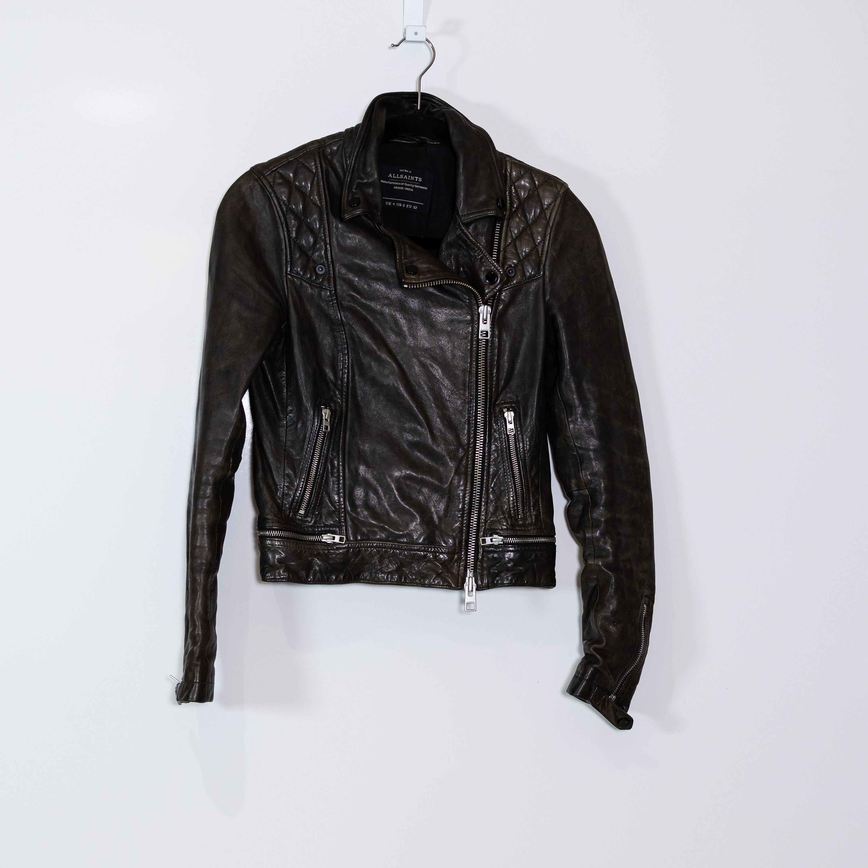 Allsaints Women's Conroy Textured Quilted Genuine Leather Biker Jacket Charcoal