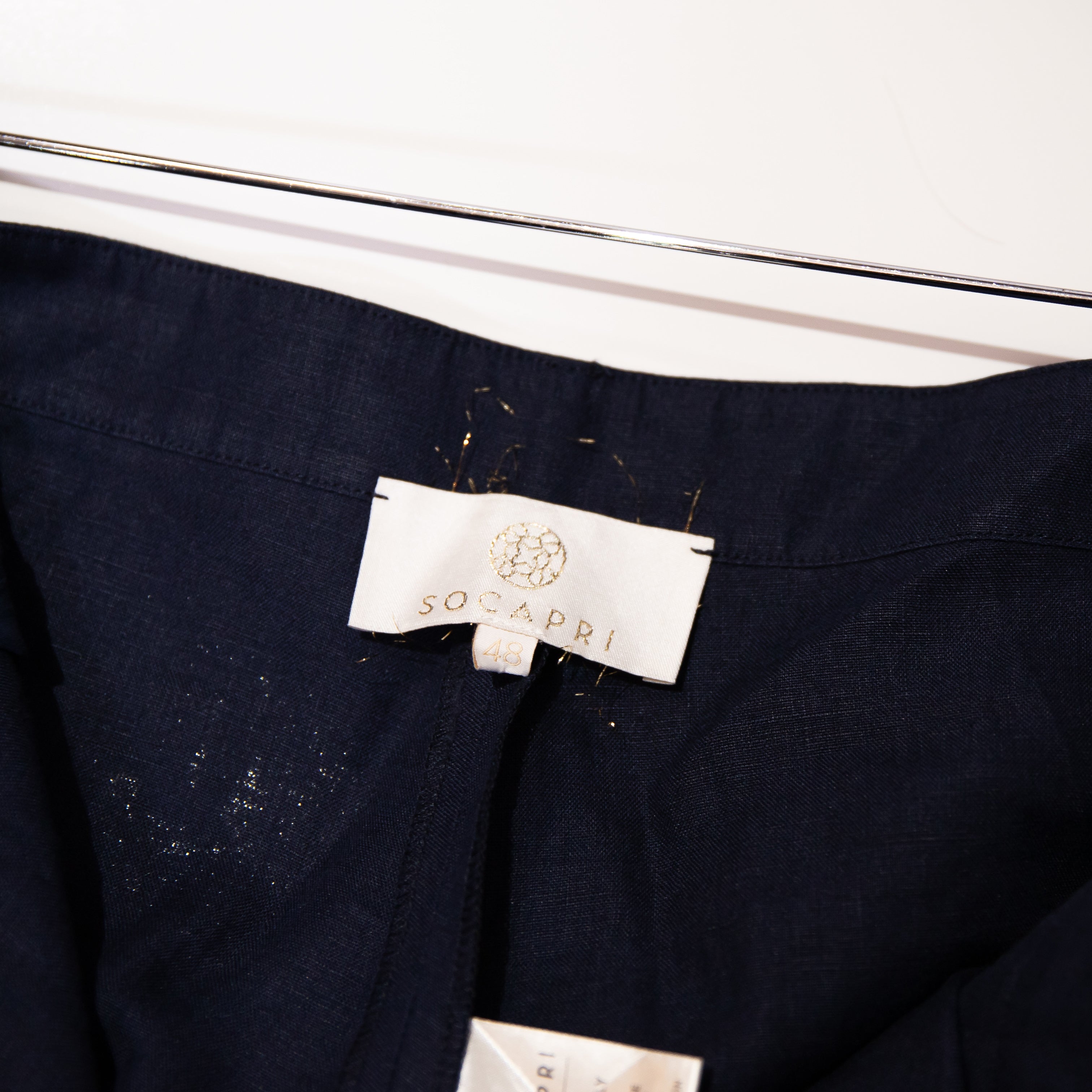 Socapri Linen Mid Rise Straight Leg Ankle Crop Trouser Pants Navy Blue Large