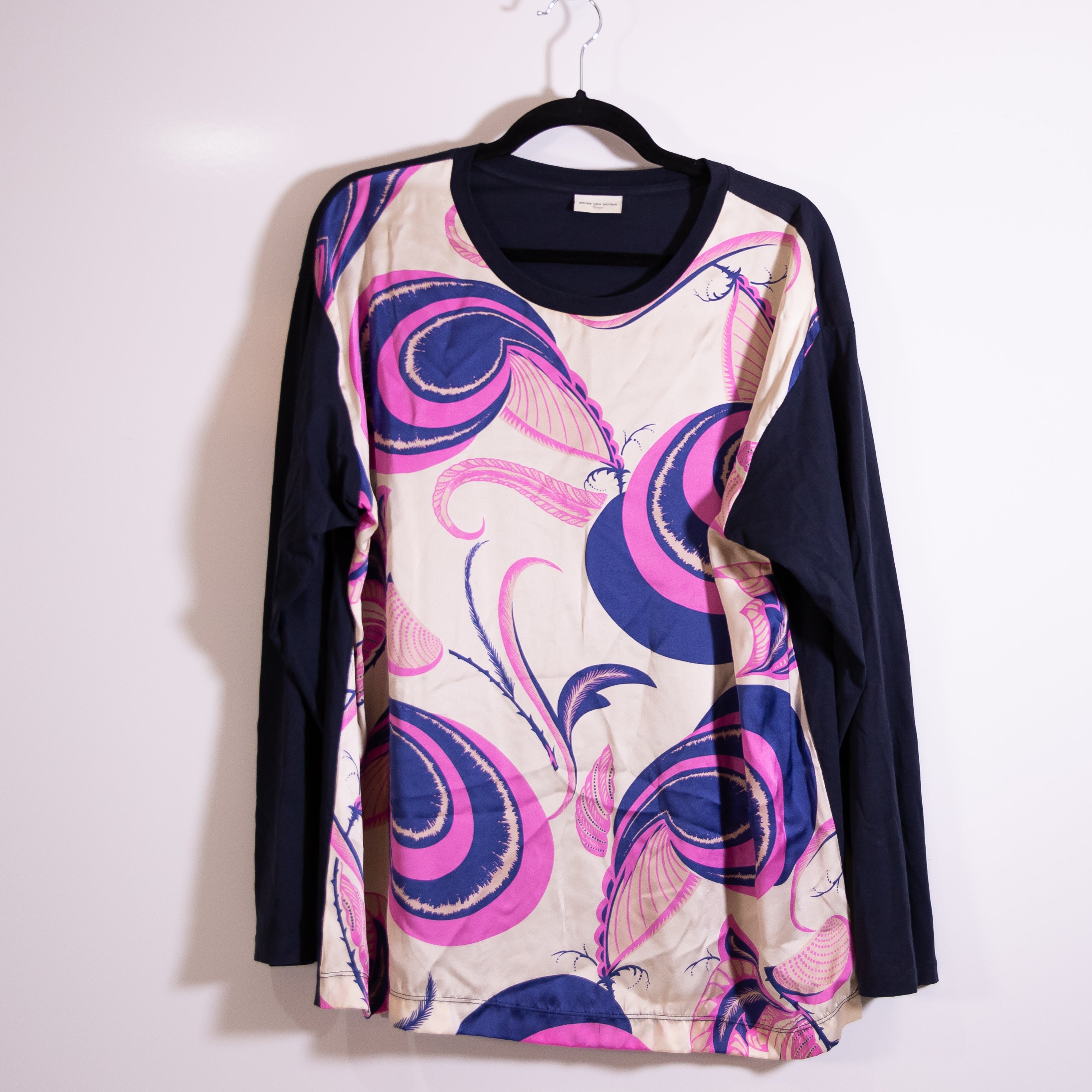 Dries Van Noten Cotton Silk Satin Paisley Swirl Print Long Sleeve Blouse Shirt L