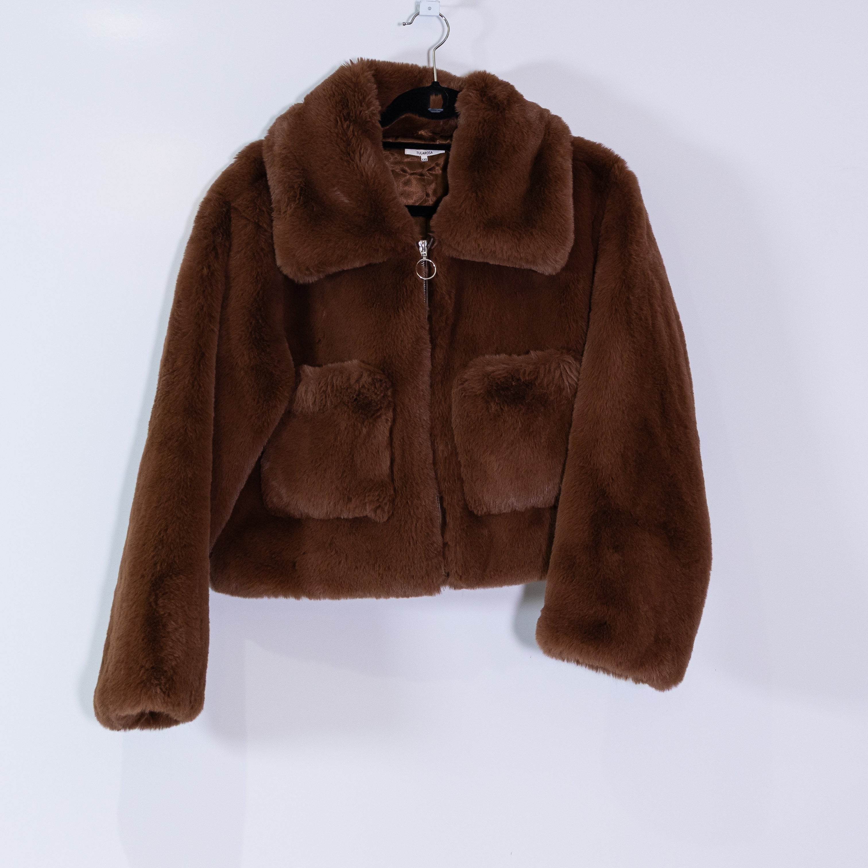 Tularosa Charlie Teddy Faux Vegan Fur Full Zip Front Pocket Jacket Cappuccino
