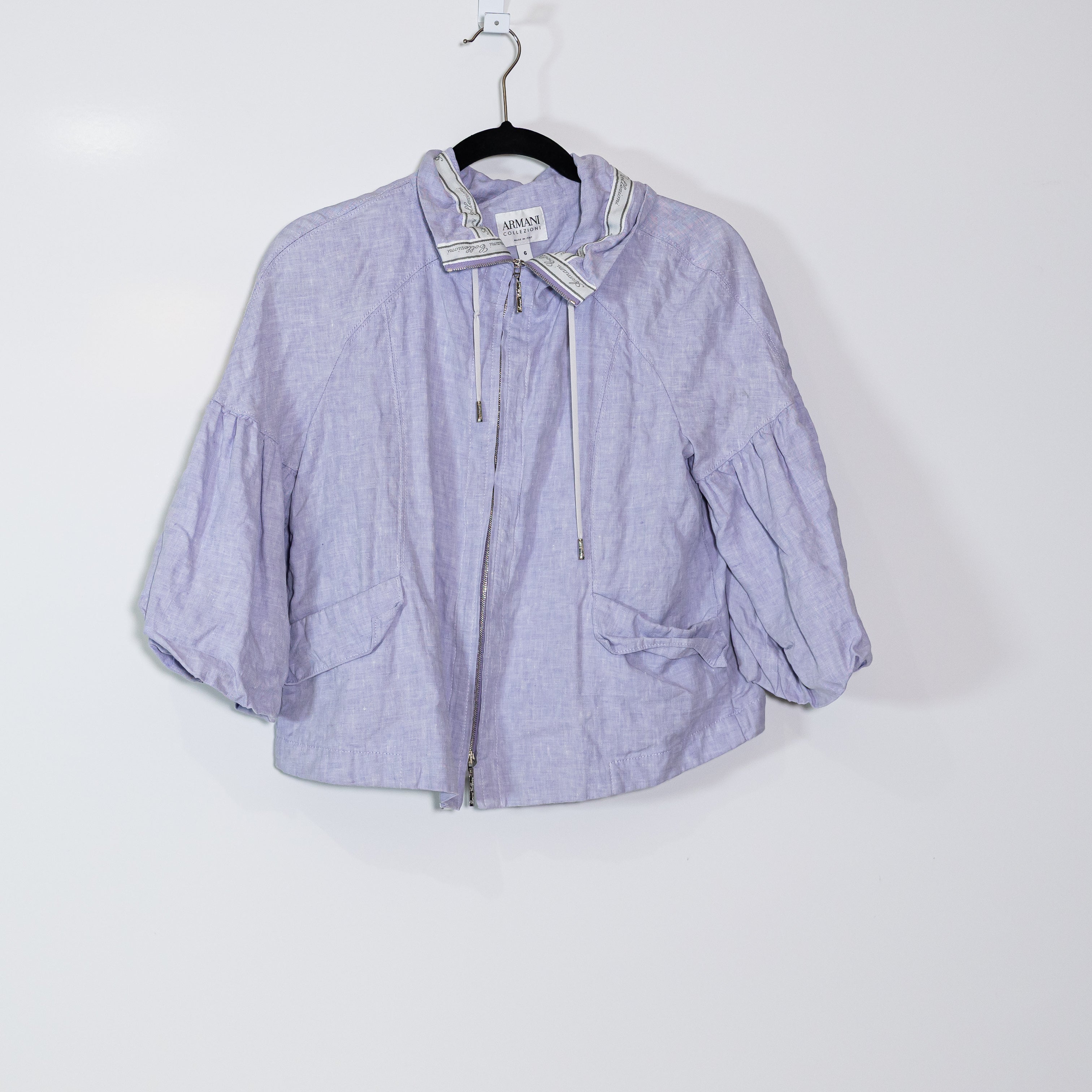 Armani Collzioni Women's Made In Italy Linen Blend Full Zip Cropped Jacket Blue