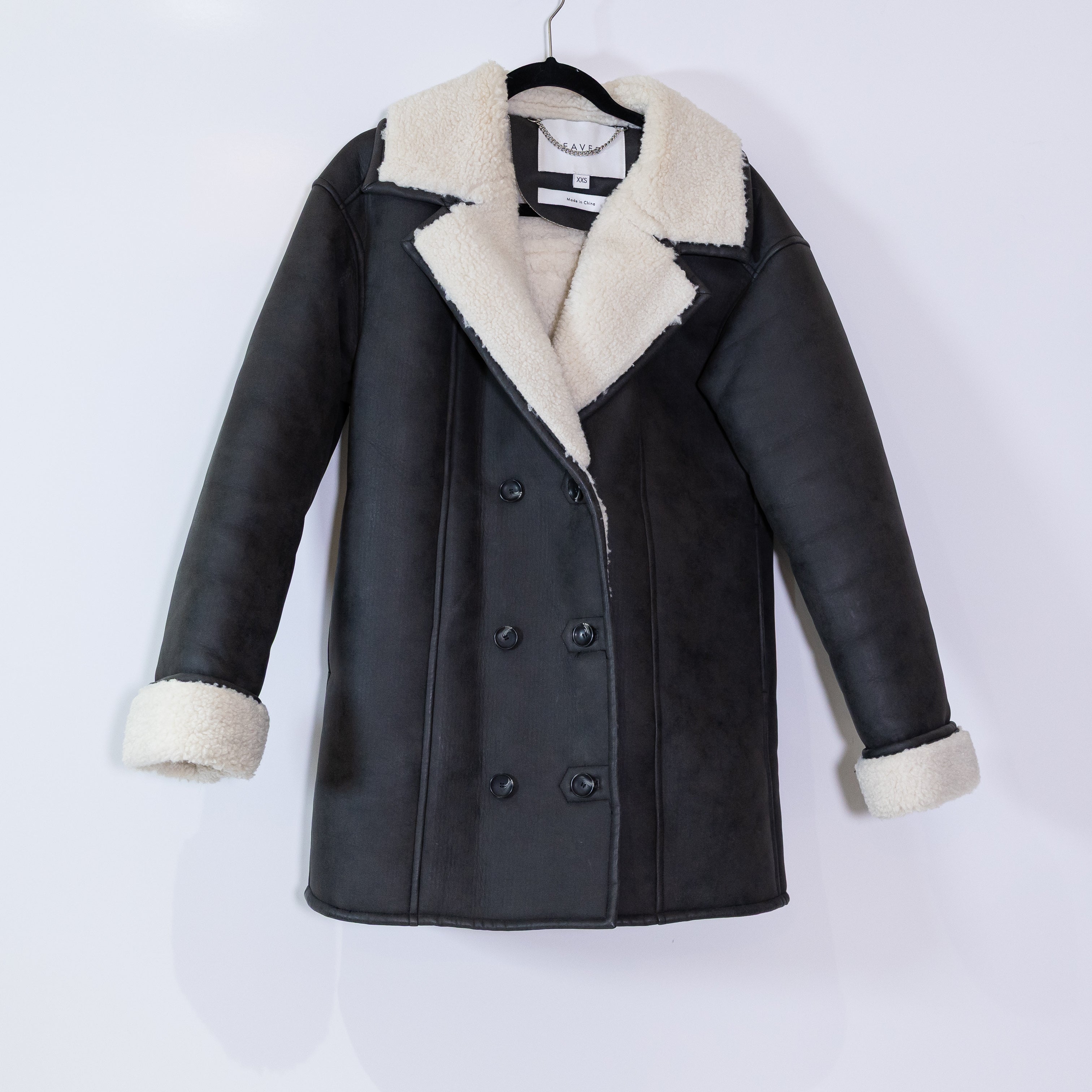 Eaves Leon Faux Leather Shearling Lined Double Breasted Jacket Coat Washed Black