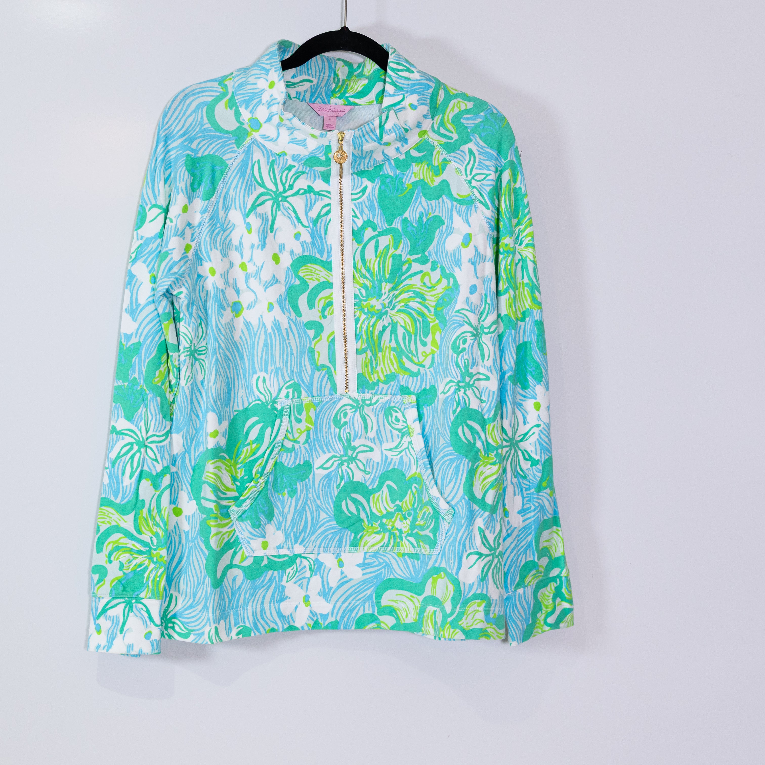 Lilly Pulitzer Women's Skipper Cotton Quarter Zip Pullover Sweater Green Blue L