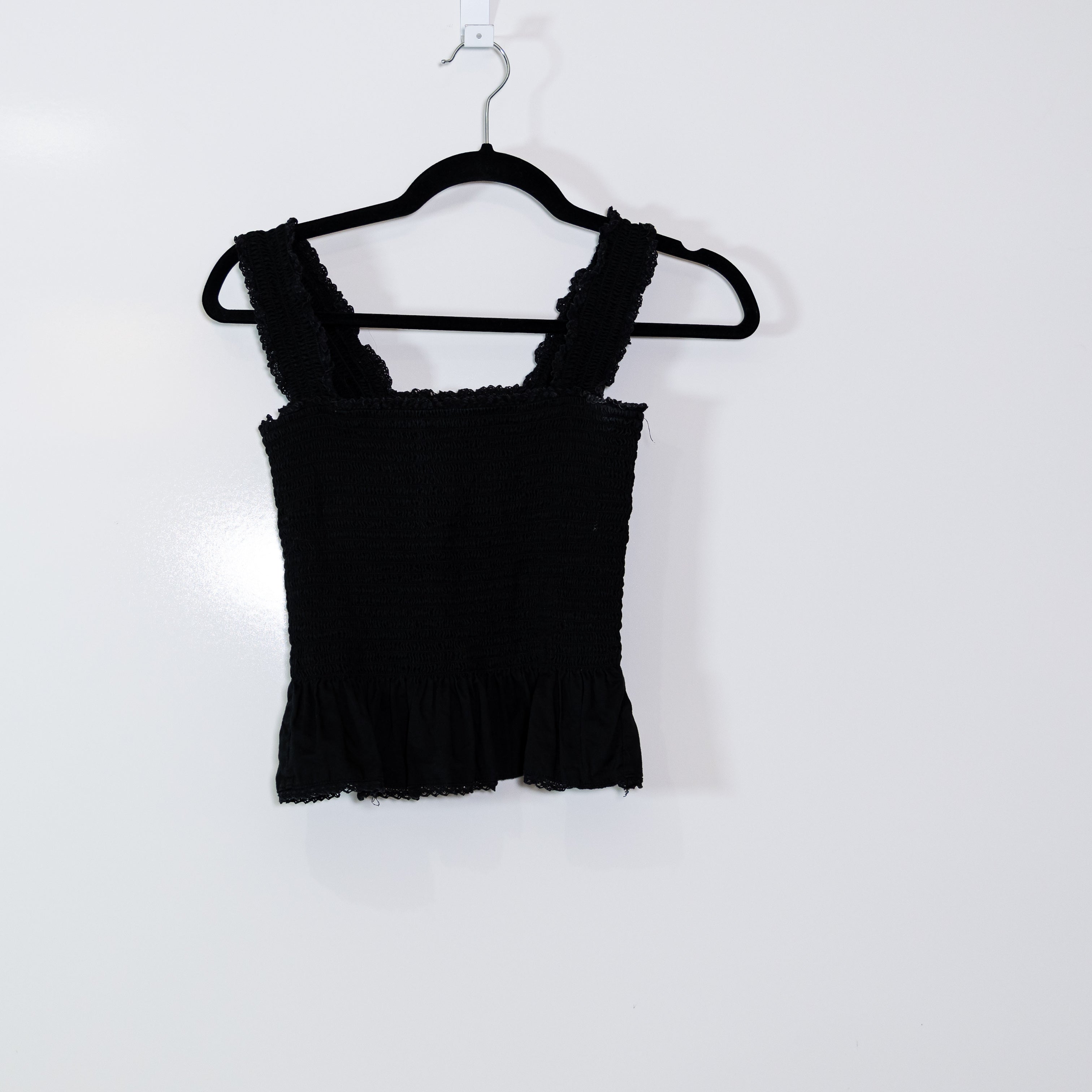 Reformation Oakleigh Organic Cotton Smocked Stretch Ruffle Tank Top Black Medium