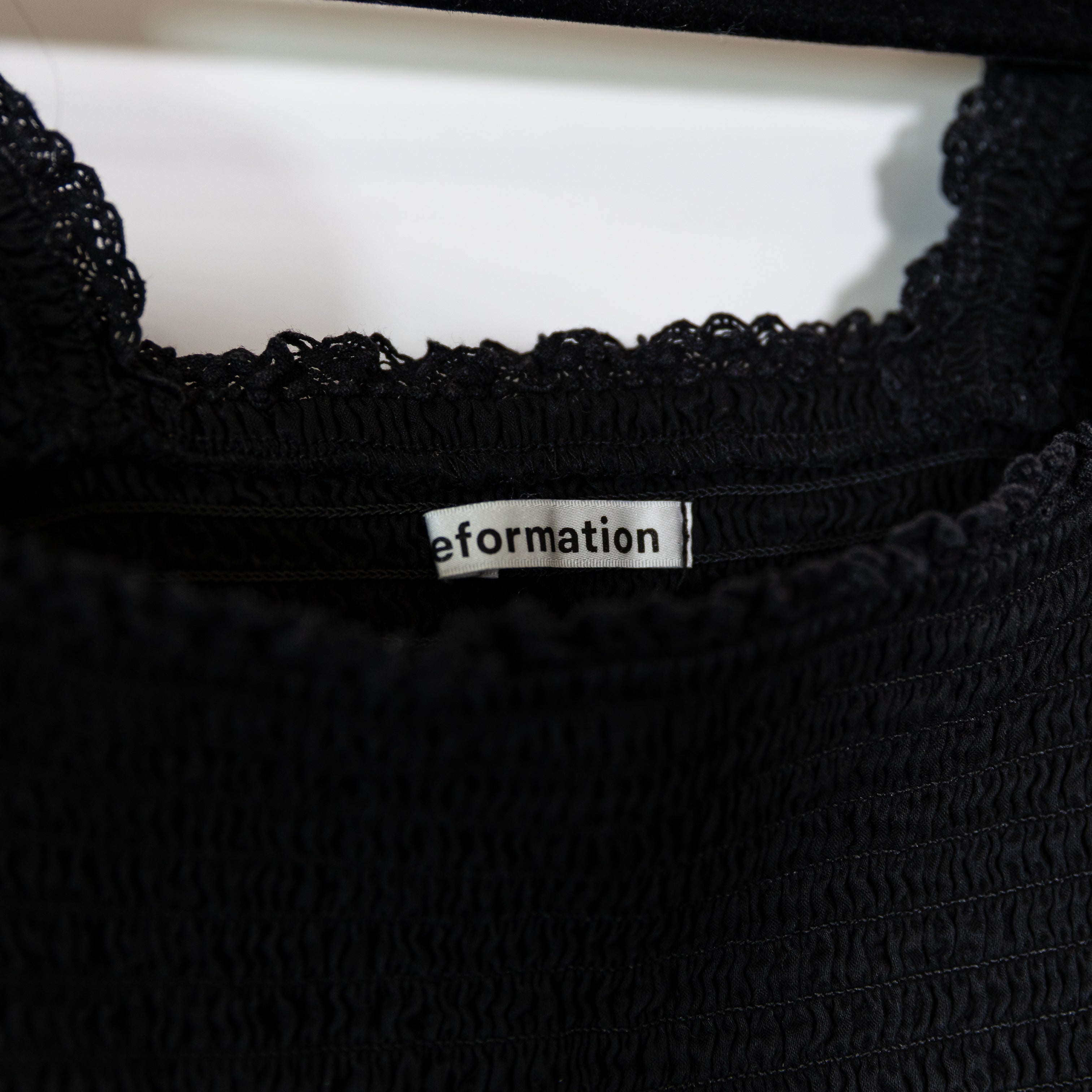 Reformation Oakleigh Organic Cotton Smocked Stretch Ruffle Tank Top Black Medium