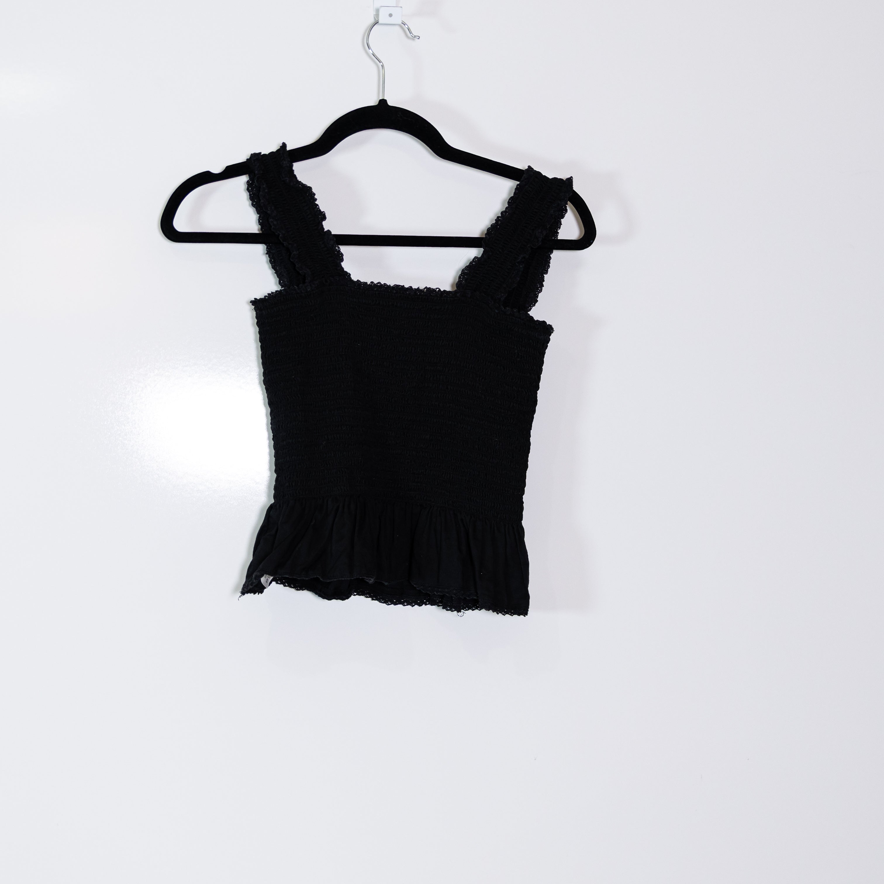 Reformation Oakleigh Organic Cotton Smocked Stretch Ruffle Tank Top Black Medium