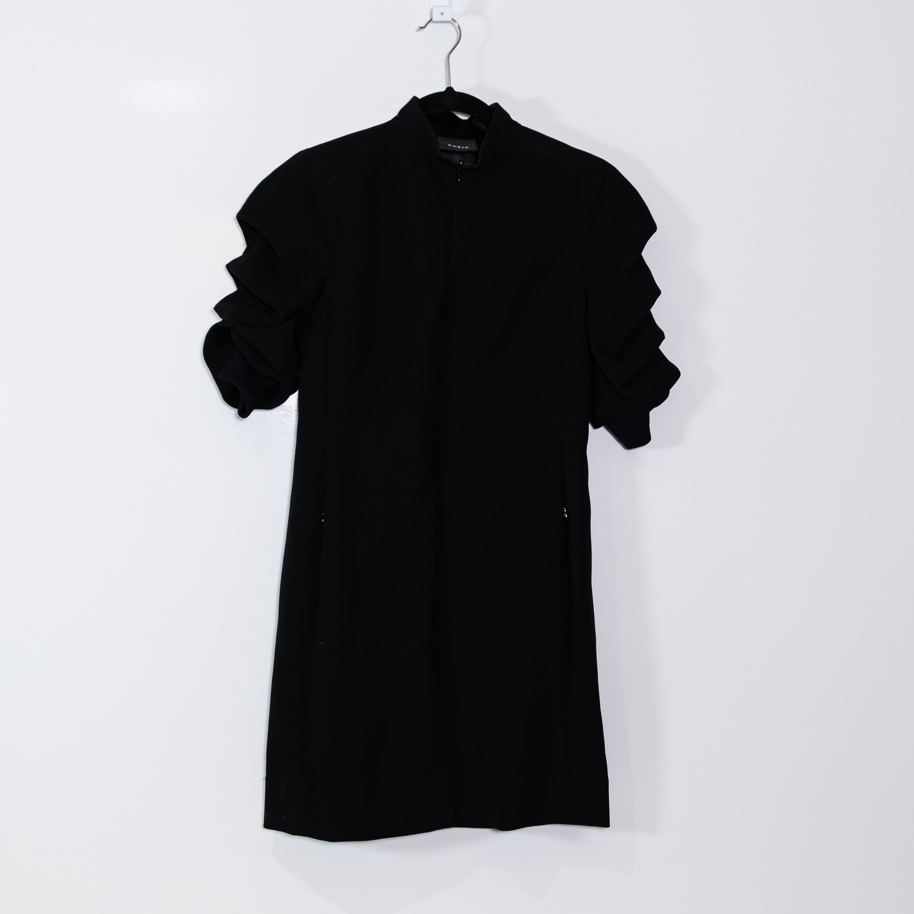 AKRIS Wool Blend Crepe High Neck Quarter Zip Ruched Half Sleeve Mini Shift Dress