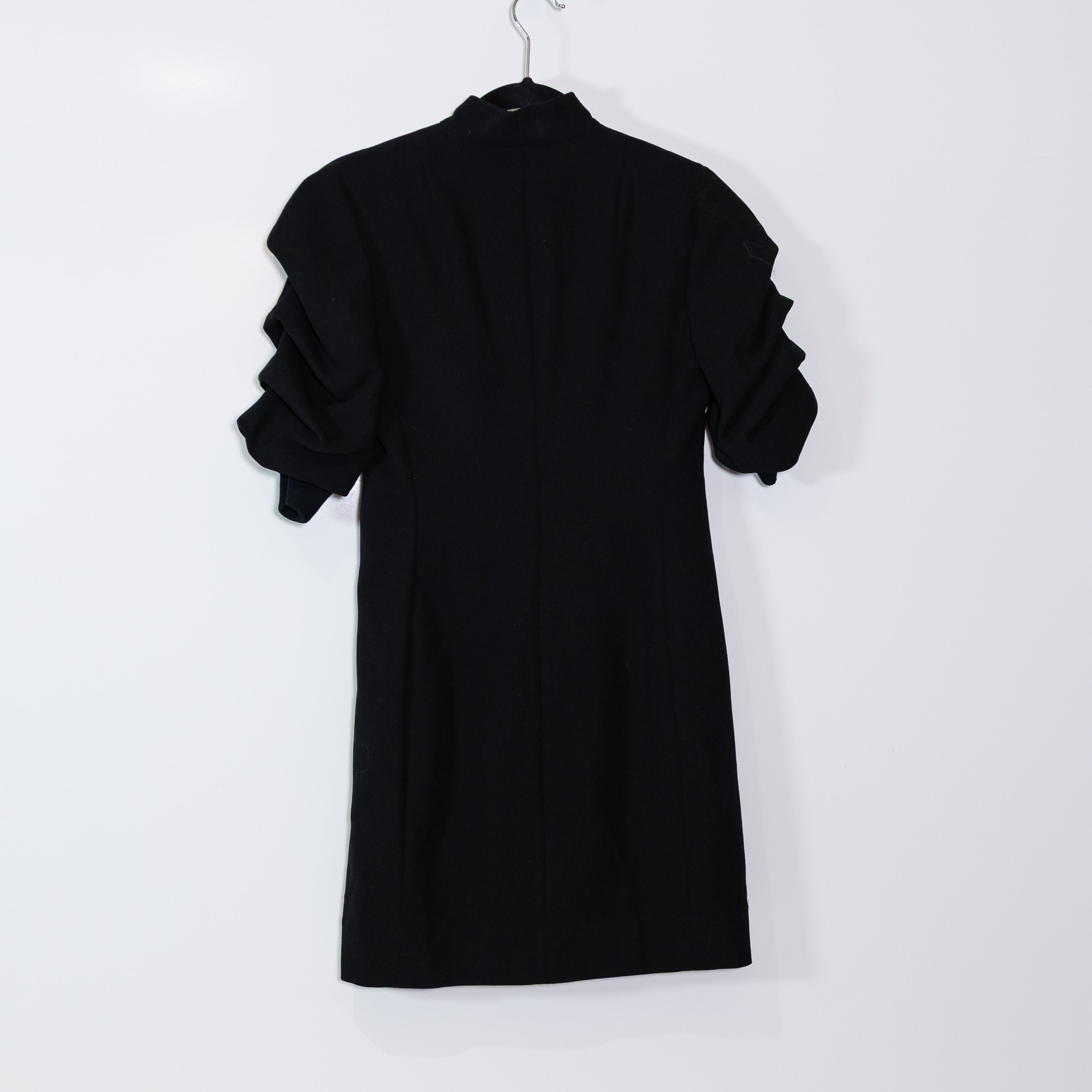 AKRIS Wool Blend Crepe High Neck Quarter Zip Ruched Half Sleeve Mini Shift Dress