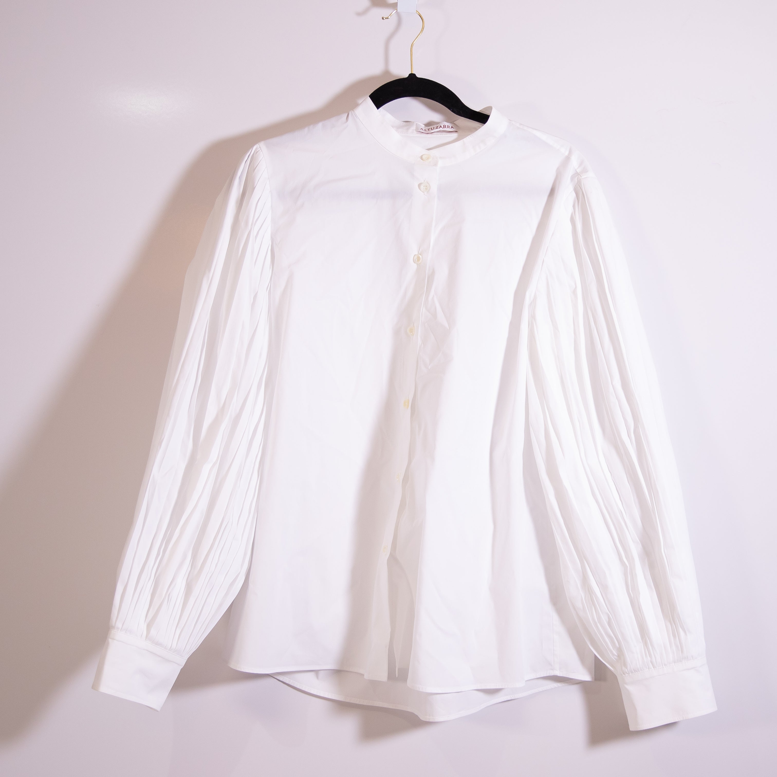 Altuzarra Cotton Poplin Mock Neck Pleated Long Sleeve Button Front Blouse Shirt